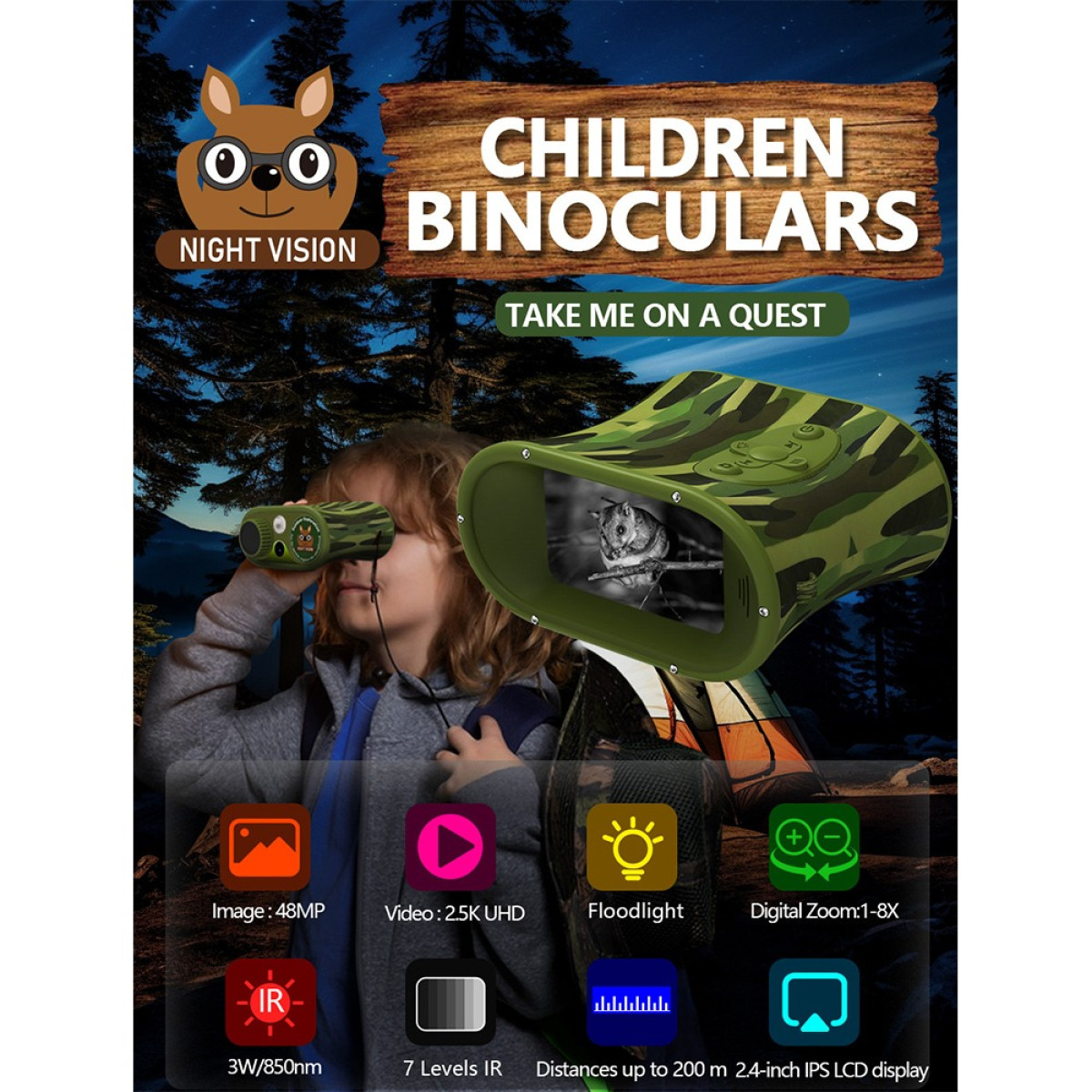 Dziecko patrzące przez lornetkę. Funkcje: Noktowizor, 48MP, wideo 2.5K UHD, światło, zoom 8x.