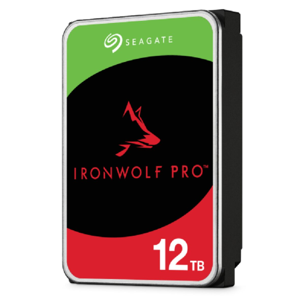 Disco duro Seagate IronWolf Pro de 12TB con logo de lobo rojo y detalles verdes/rojos.