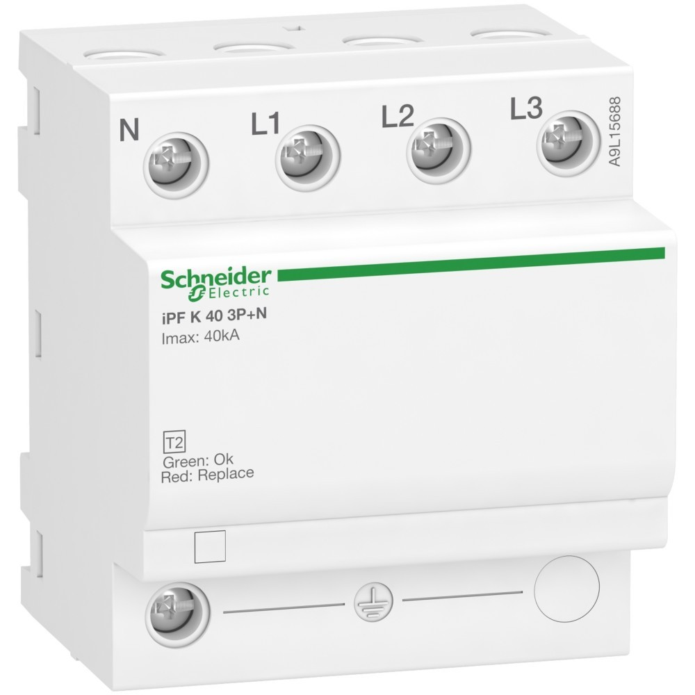 Interruttore automatico Schneider Electric bianco con terminali N, L1, L2, L3. Mostra indicatore.