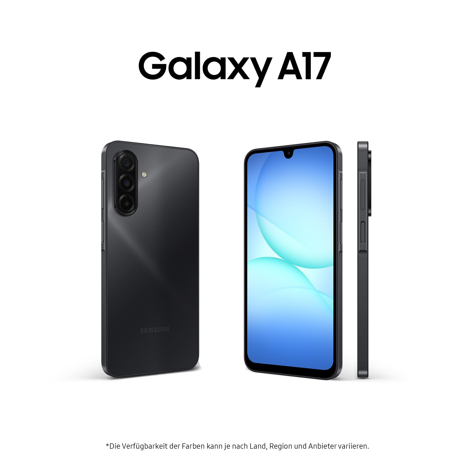 Tre viste dello smartphone Samsung Galaxy A17 nero su sfondo bianco.