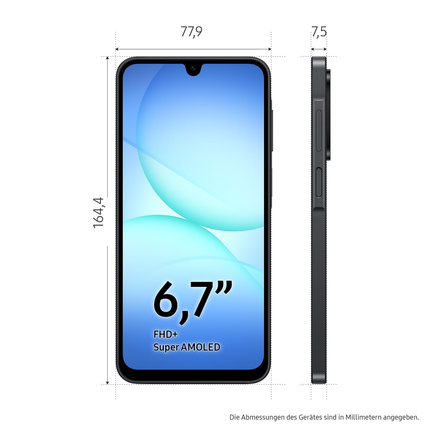 Dimensioni smartphone: altezza 164,4 mm, larghezza 77,9 mm, profondità 7,5 mm. Schermo Super AMOLED FHD+ 6,7".