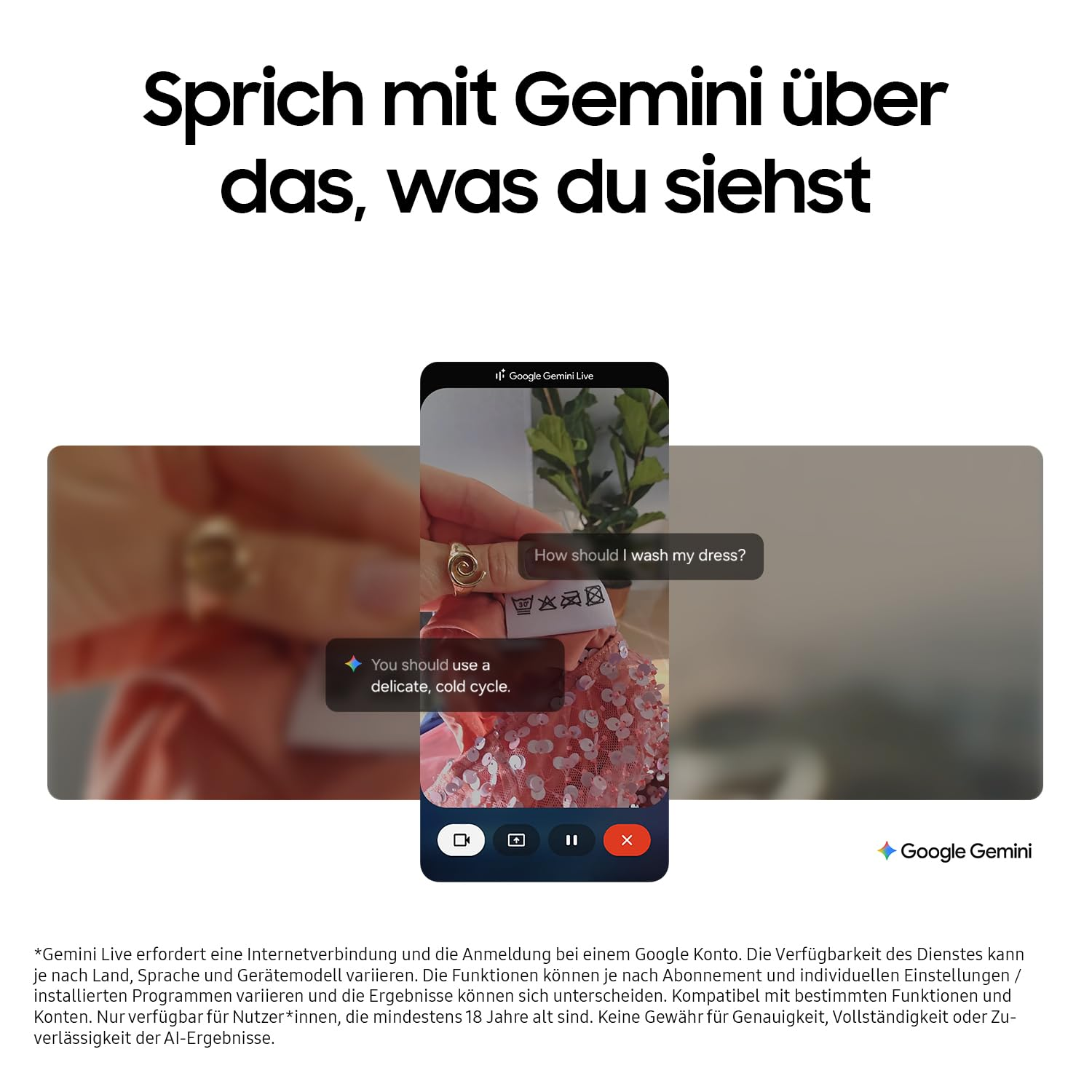 Il telefono mostra un vestito e chiede a Gemini istruzioni per il lavaggio.