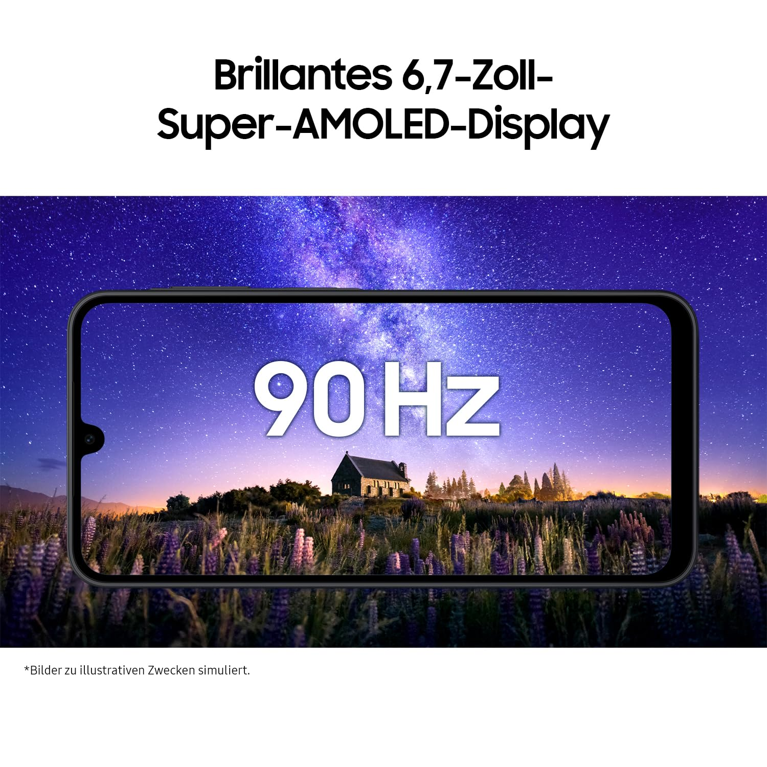Uno smartphone mostra una casa in un campo di fiori viola sotto un cielo stellato con 90 Hz.