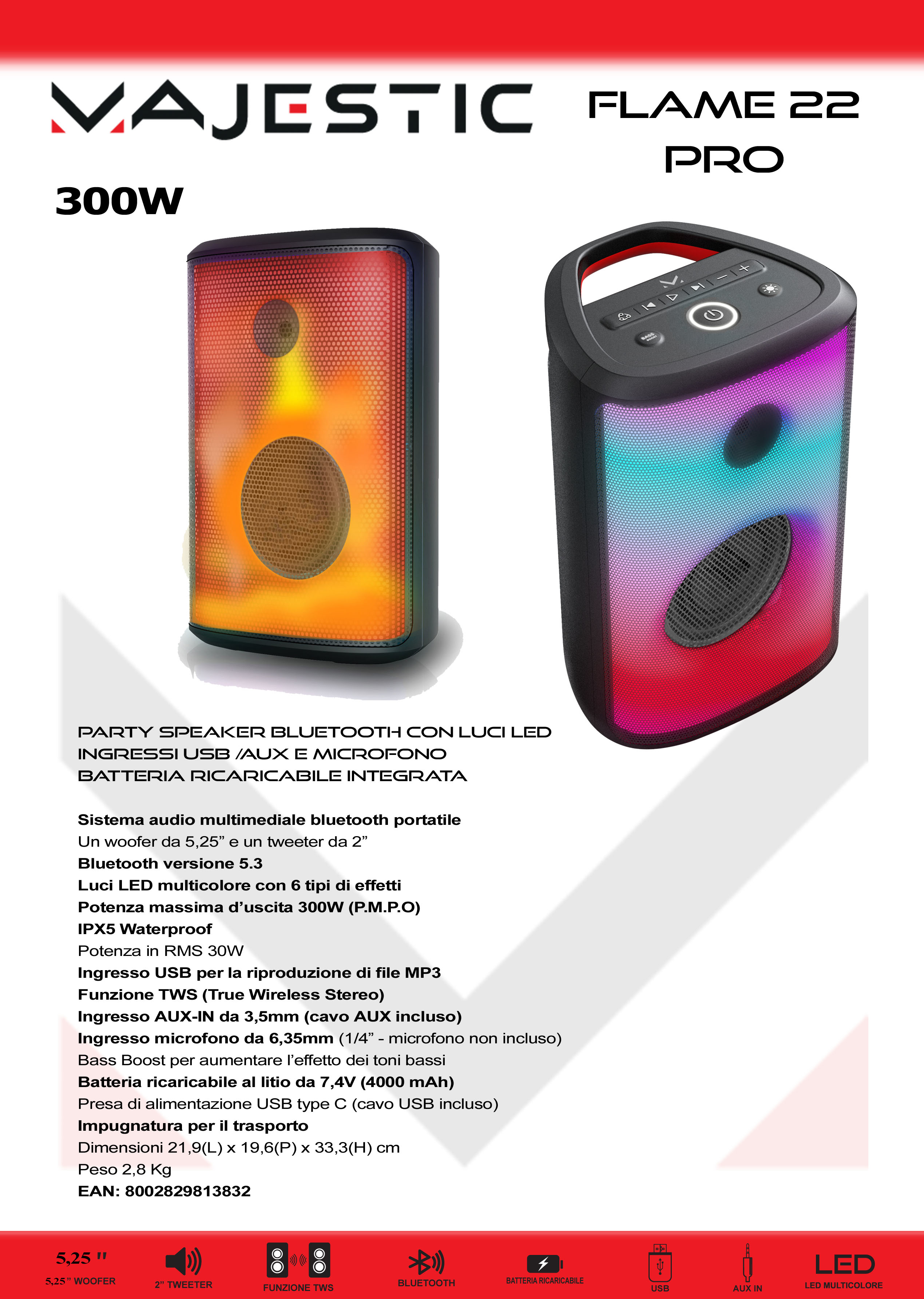 Głośnik Majestic Flame 22 Pro z oświetleniem LED i przyciskami sterującymi, z przodu i z boku.