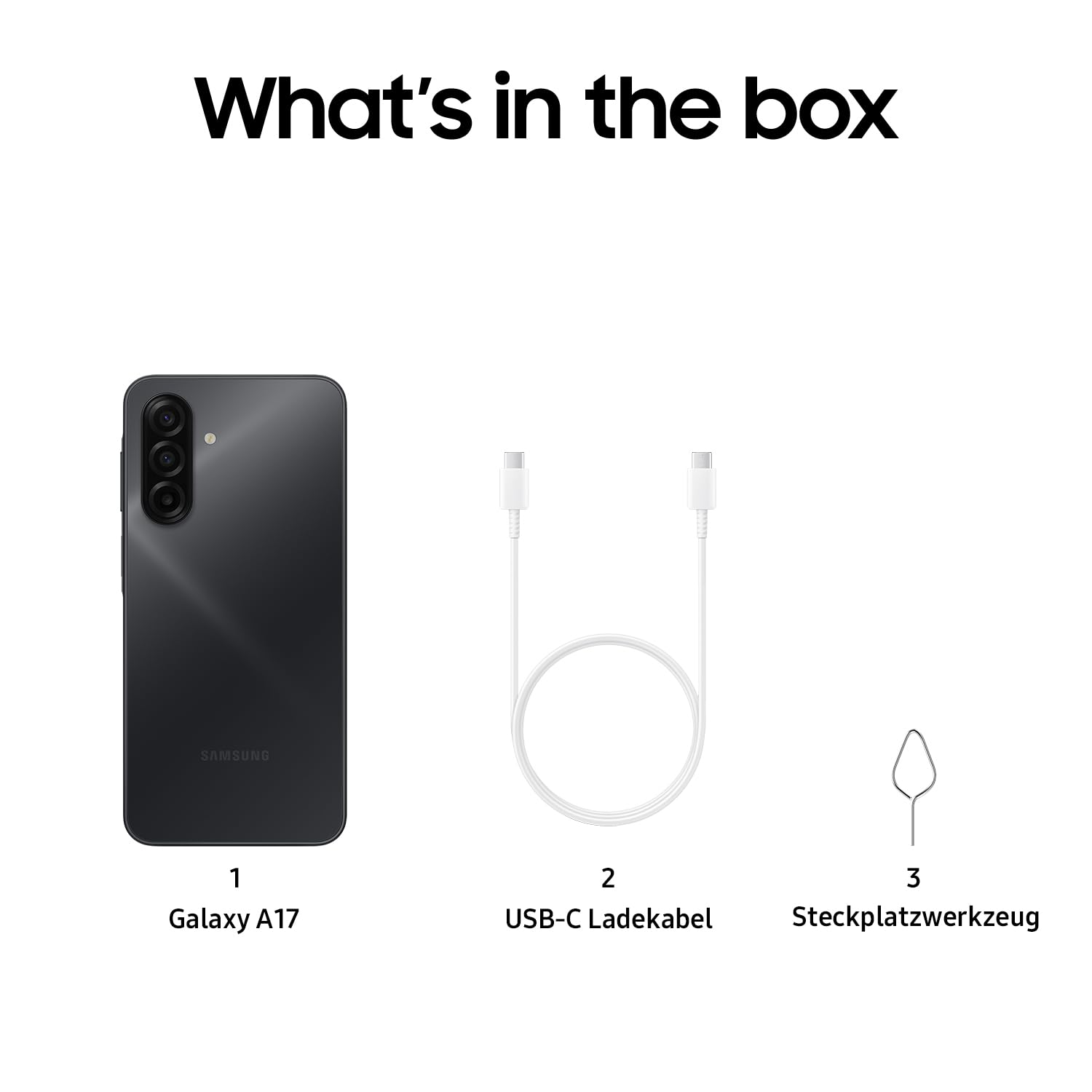 Samsung Galaxy A17, cavo USB-C e strumento per vassoio SIM mostrati.