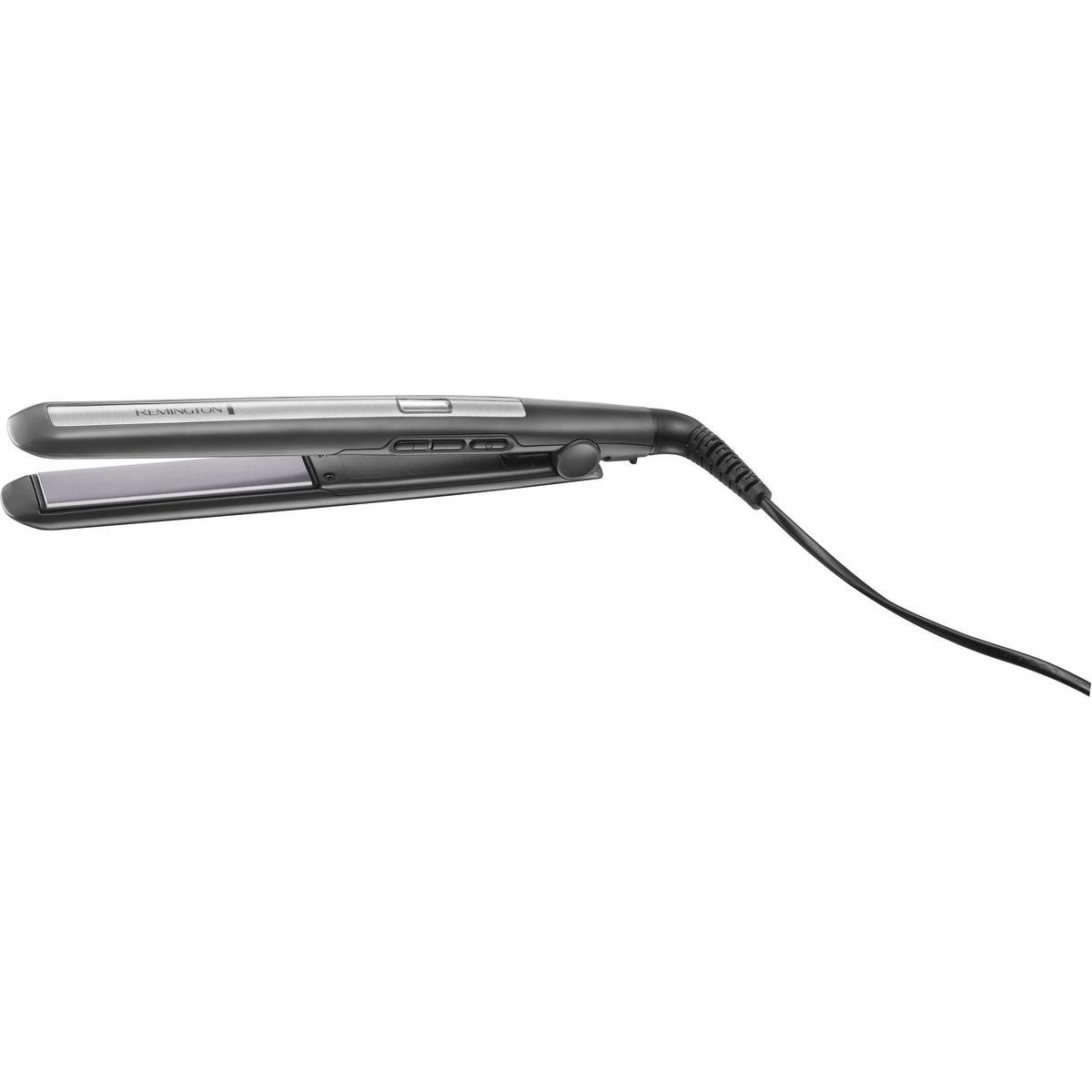 Czarna prostownica Remington z srebrnymi płytkami i kablem.
