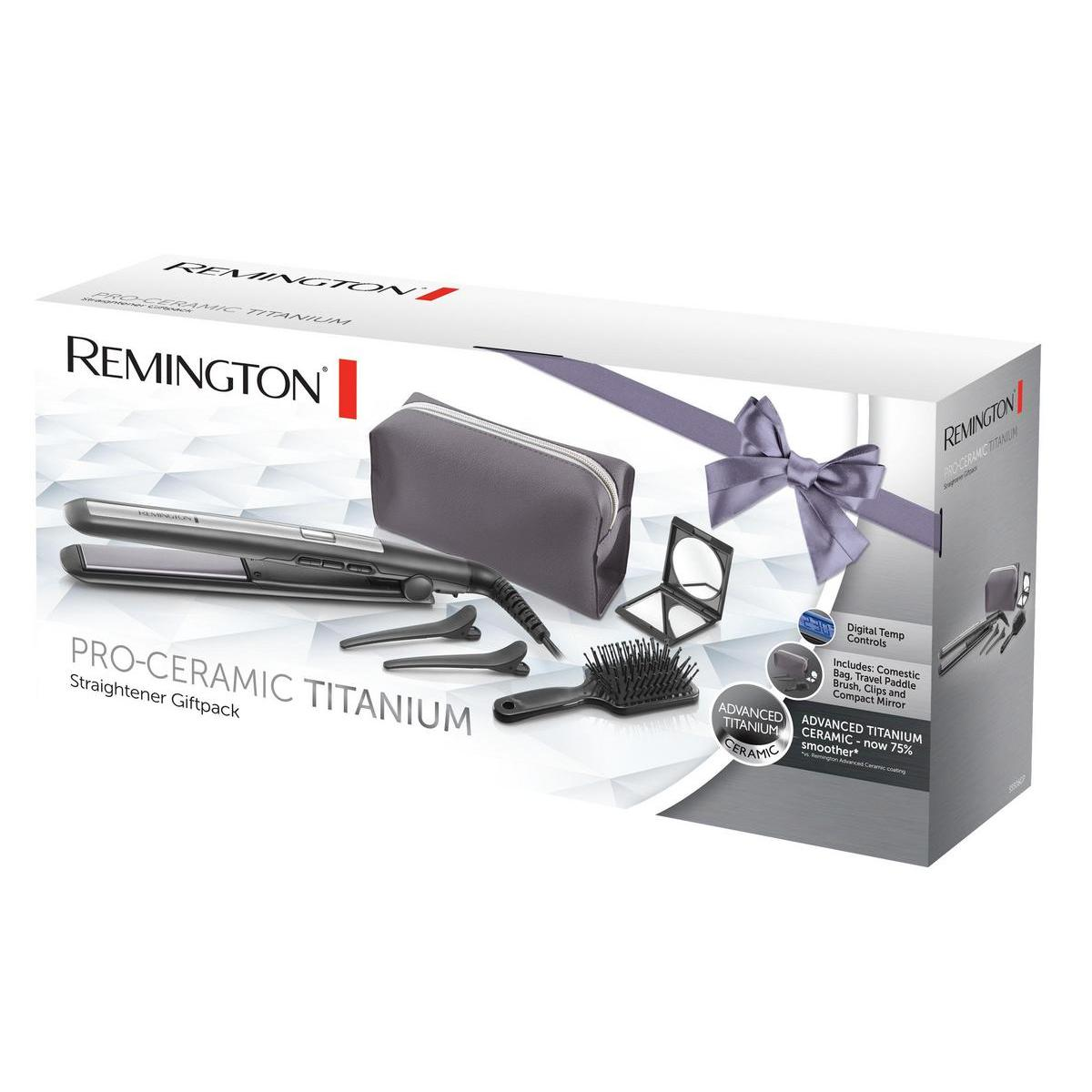 Zestaw prezentowy prostownicy Remington Pro-Ceramic Titanium z torbą, szczotką, klipsami i lusterkiem.
