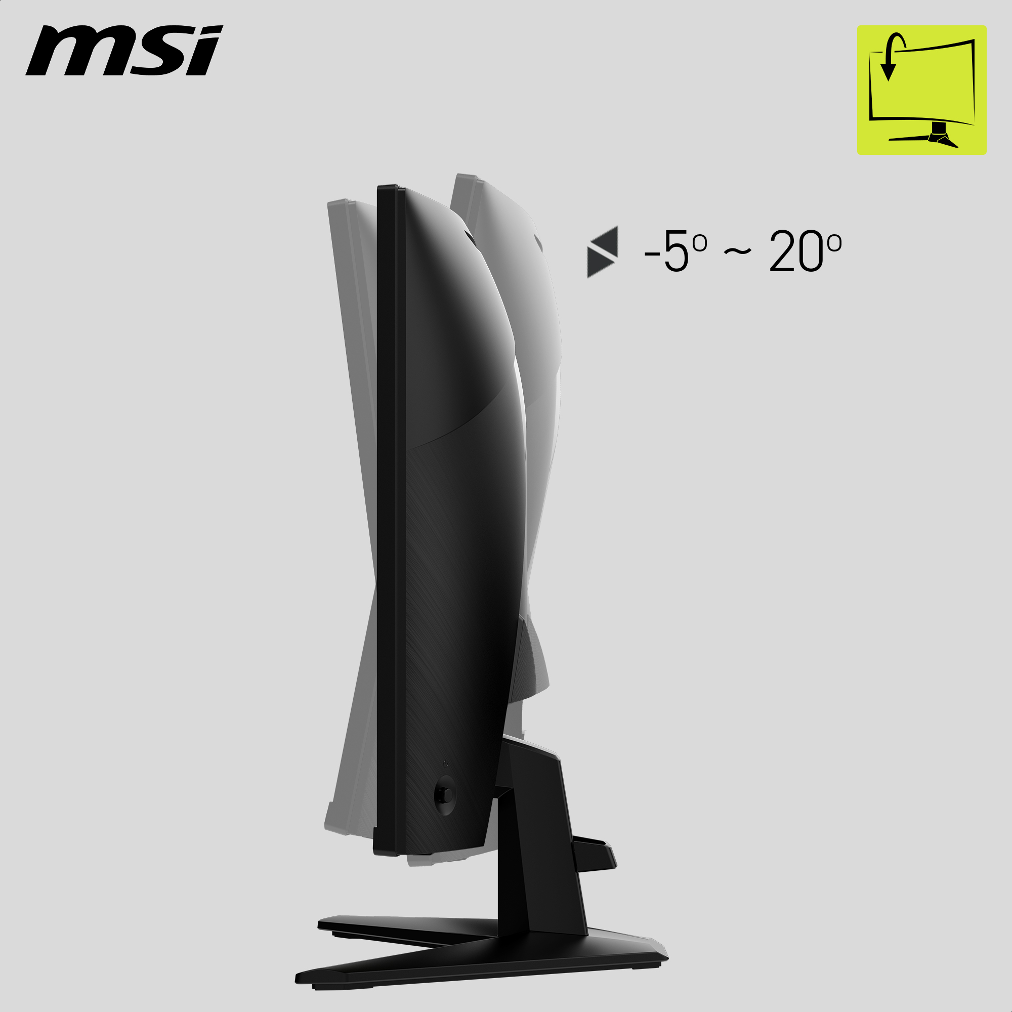 Logo MSI i pochylenie monitora od -5° do 20° z ikoną.