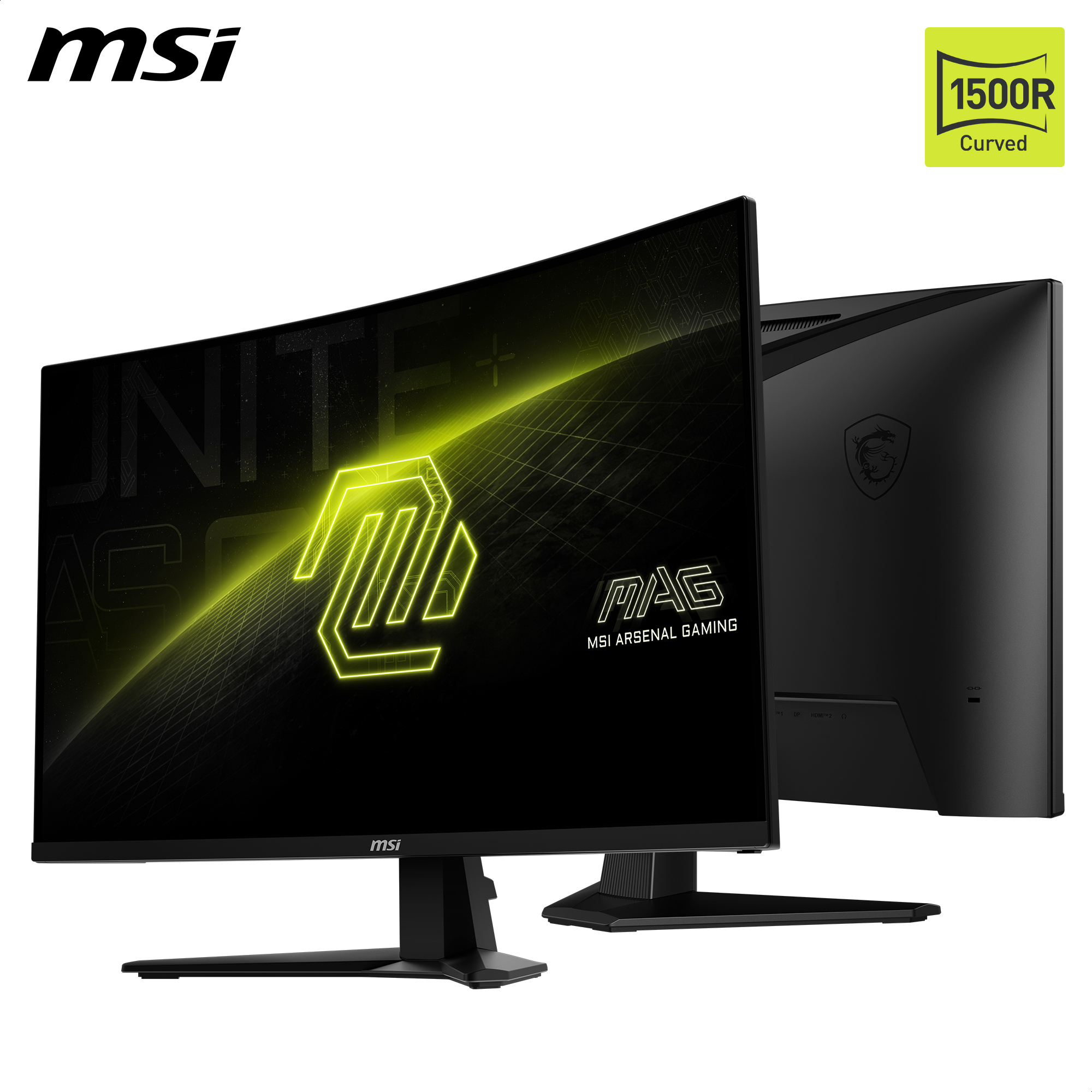 Dwa czarne zakrzywione monitory gamingowe MSI, jeden wyświetla neonowo zielone logo i tekst.