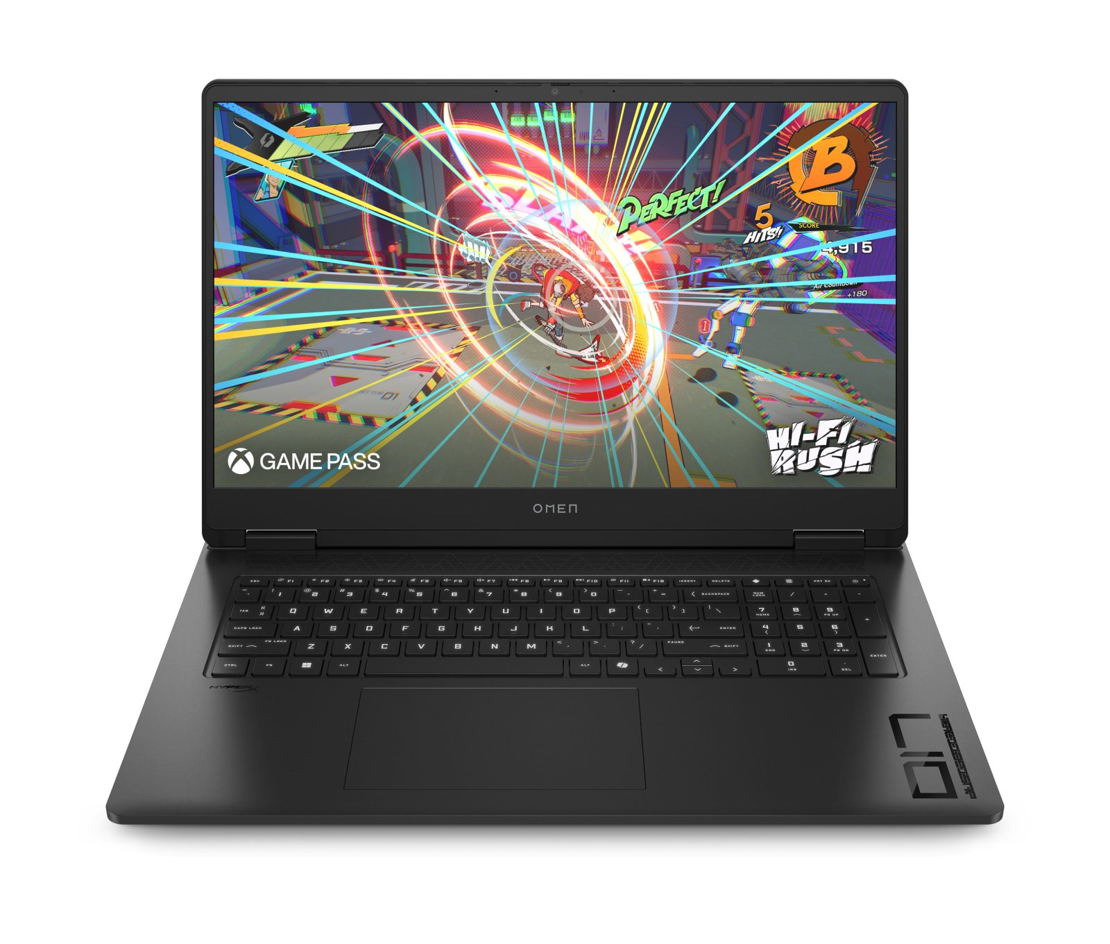 Ein schwarzer Laptop zeigt das Spiel "Hi-Fi Rush" mit "Game Pass" auf dem Bildschirm.