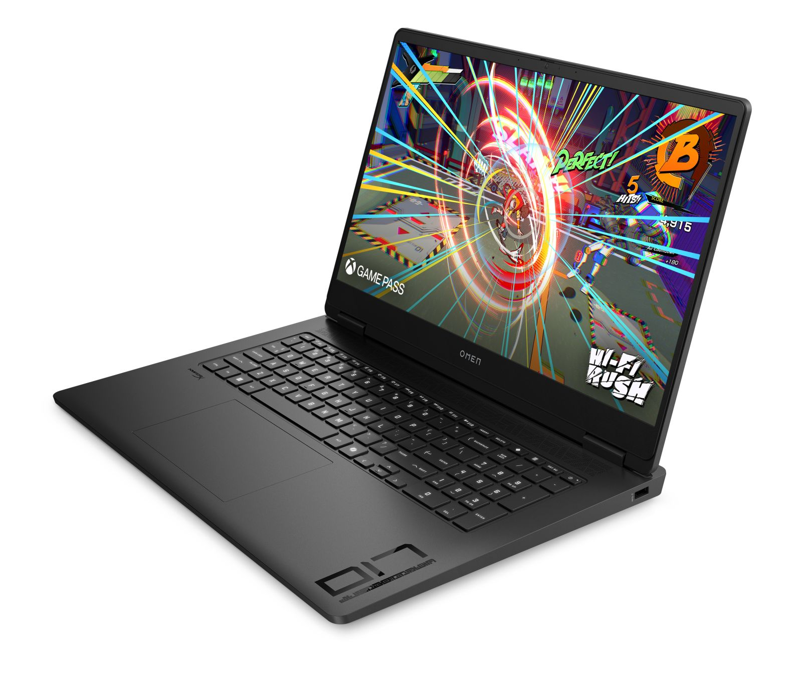 Ein schwarzer Omen Gaming-Laptop zeigt das Spiel 'Hi-Fi Rush' mit 'Game Pass'. Punktestand 915.