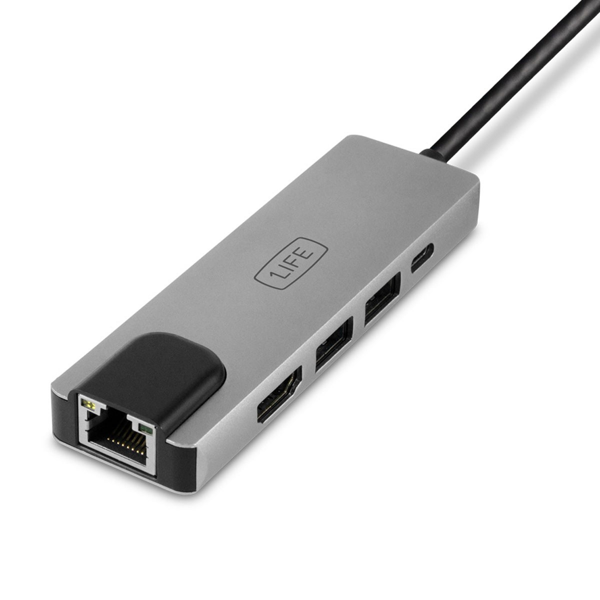 Hub USB-C argentato con più porte, tra cui Ethernet e HDMI, su sfondo bianco.