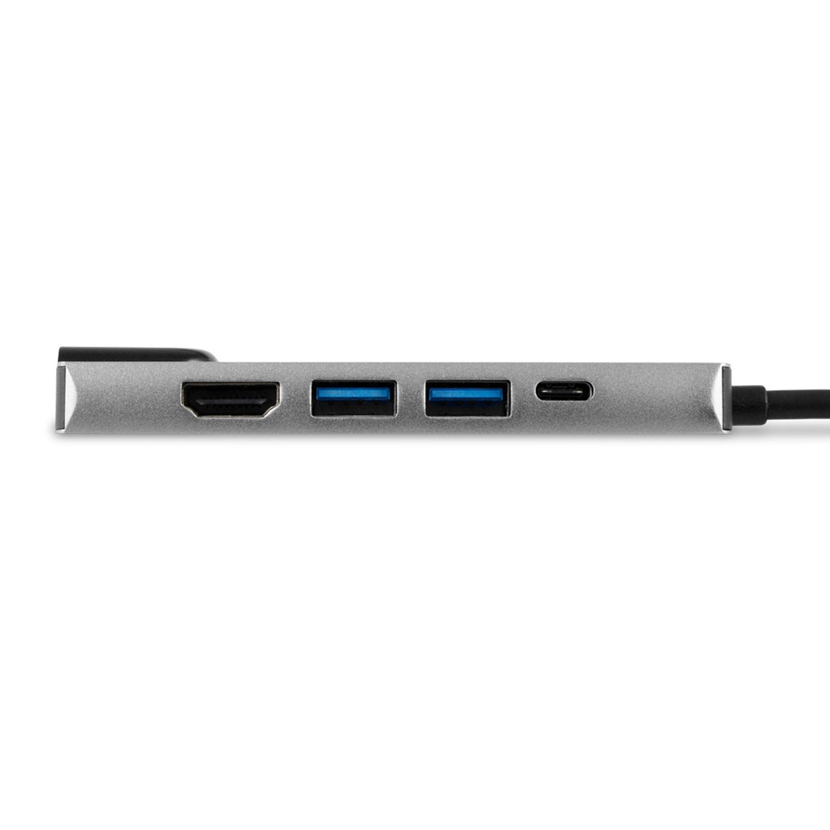 Hub USB argento con porte HDMI, due USB-A e USB-C. Cavo nero collegato.