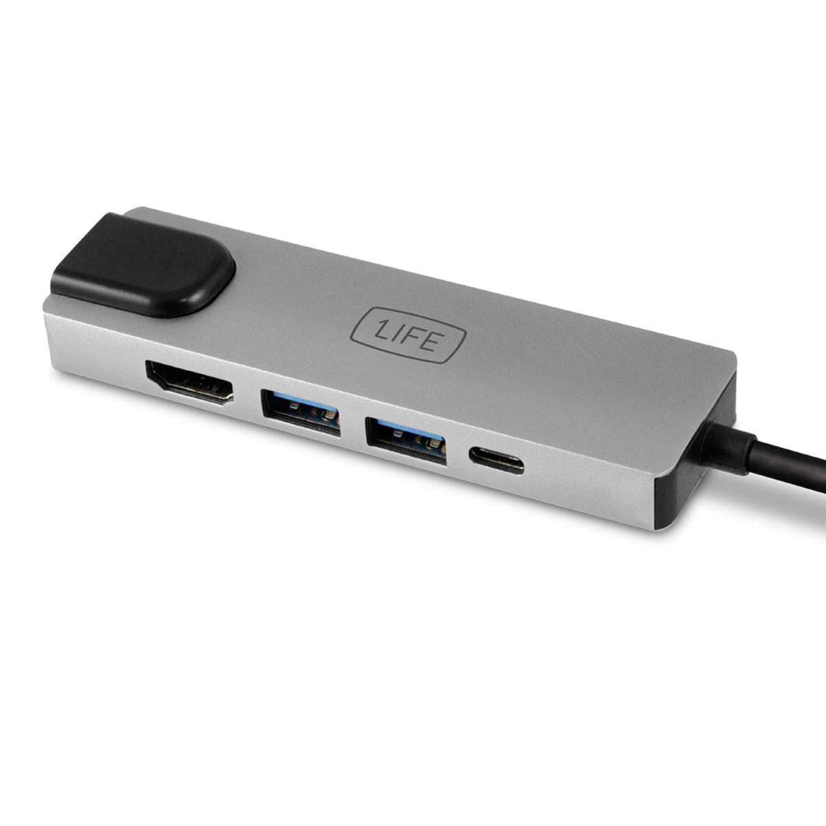 Hub USB argentato con porte HDMI, 2 USB-A, USB-C e cavo nero.