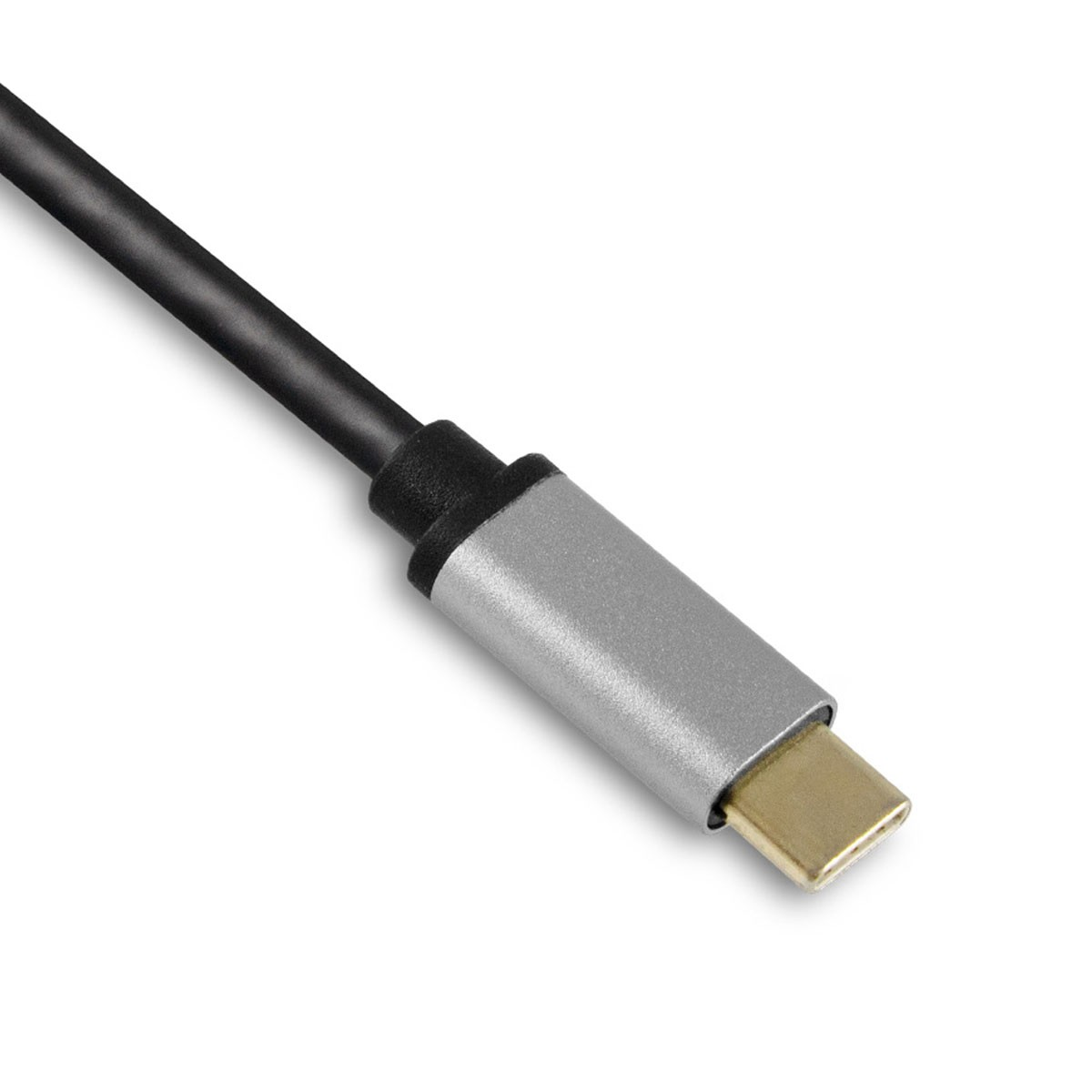 Un cavo USB-C nero con alloggiamento connettore argento e connettore oro.