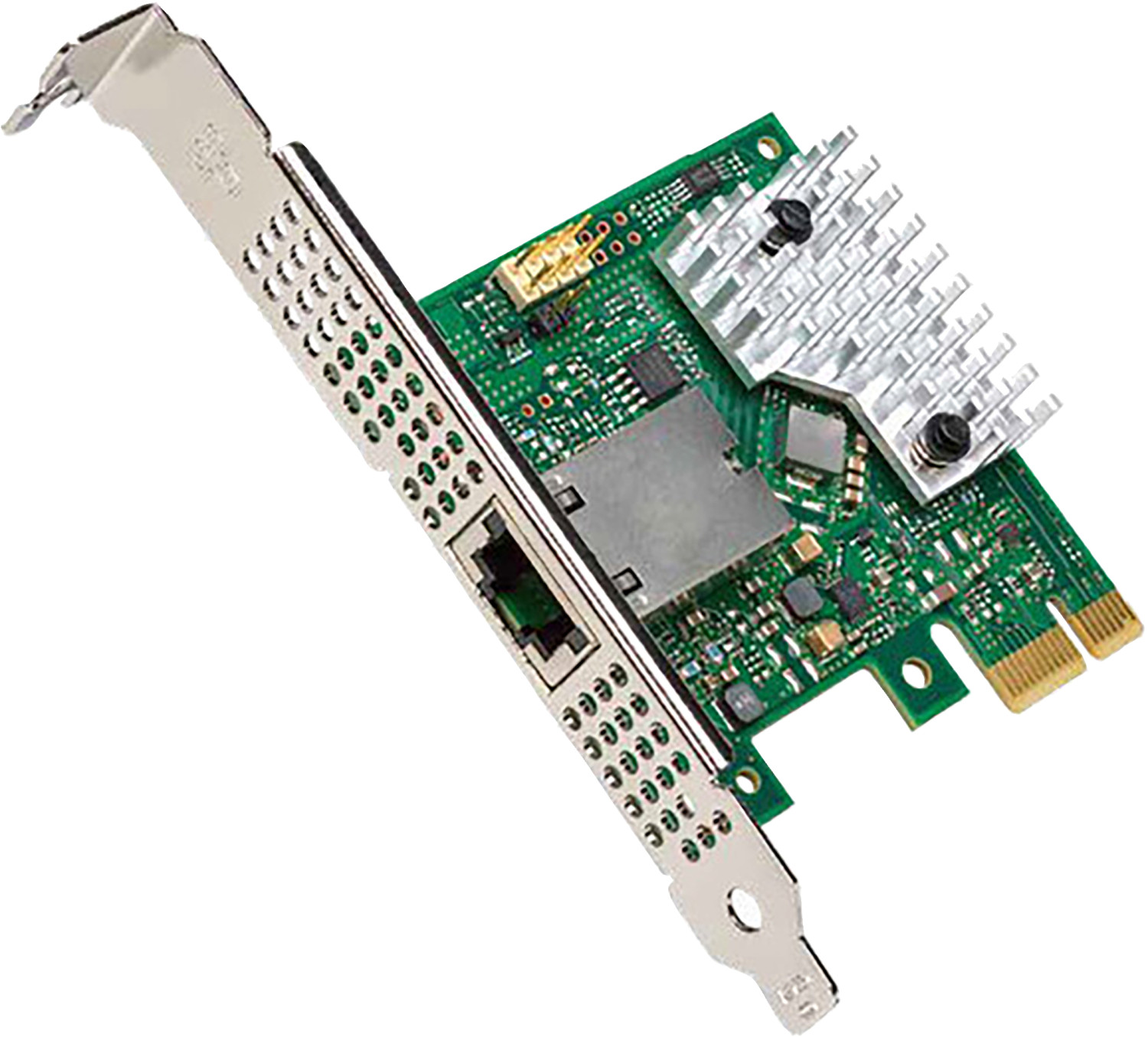 Scheda verde con dissipatore in metallo, porta RJ45 e connettori dorati. Isolata su bianco.