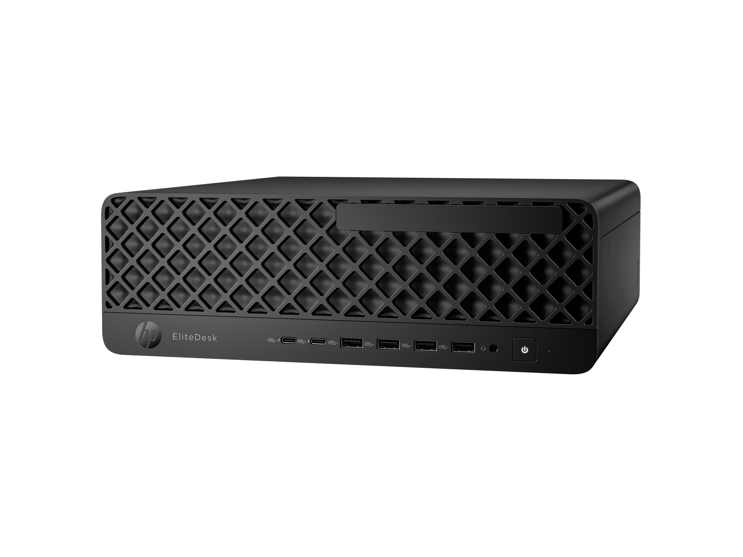Ein schwarzer HP EliteDesk Computer mit einem stilisierten Gittermuster auf der Vorderseite.