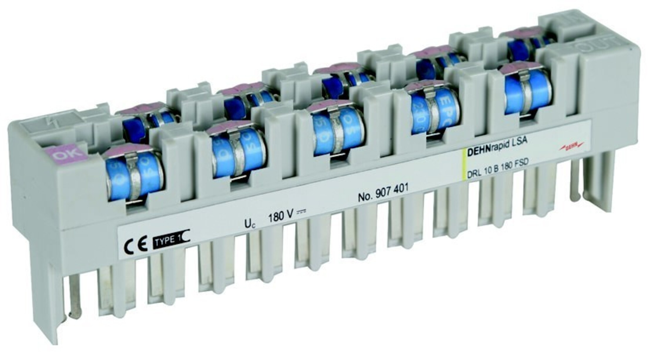 Morsettiera grigia con scaricatori di sovratensione blu. Testo: OK, CE TYPE 1C, 180V, No. 907 401.
