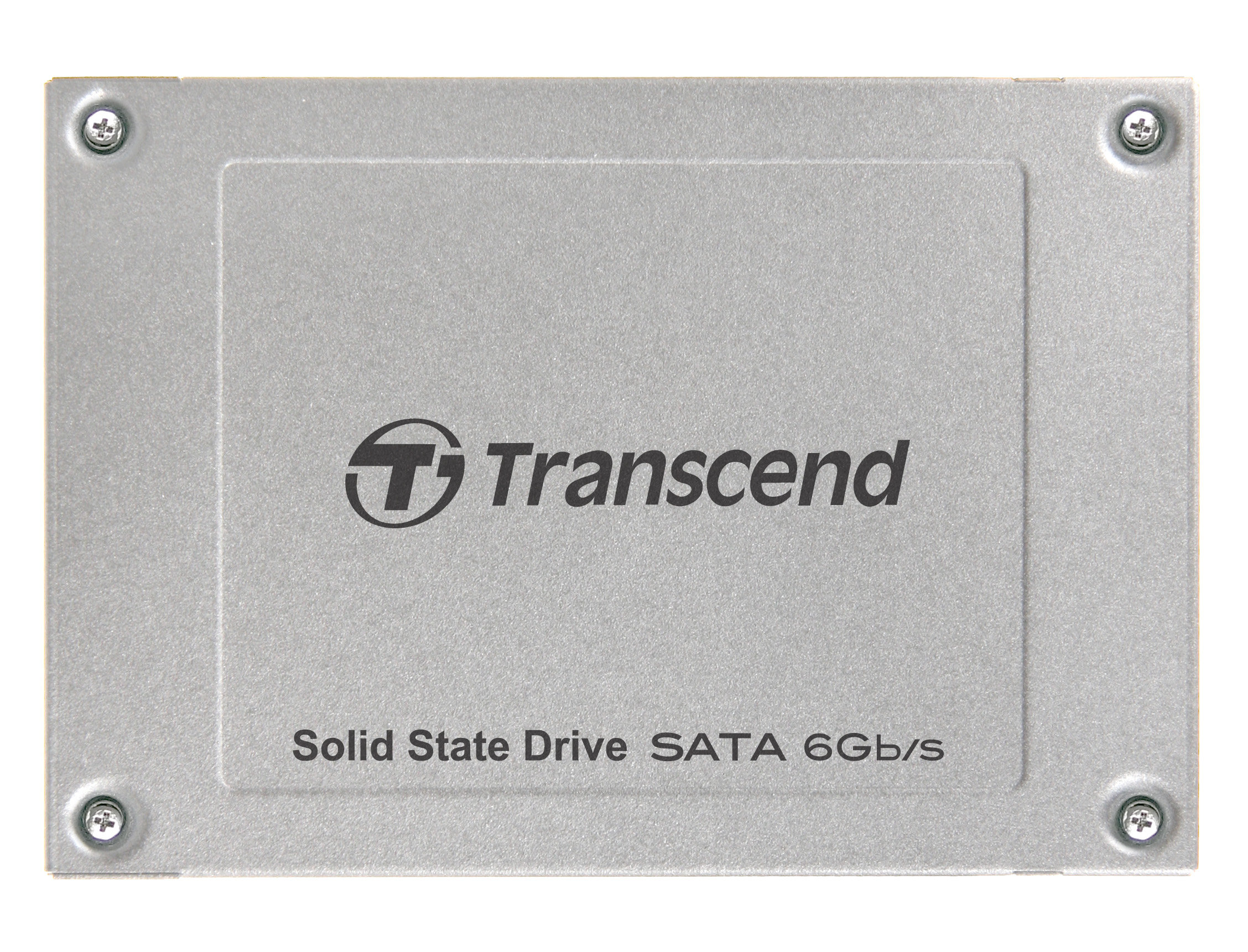 SSD Transcend argento SATA 6Gb/s con viti su sfondo bianco.