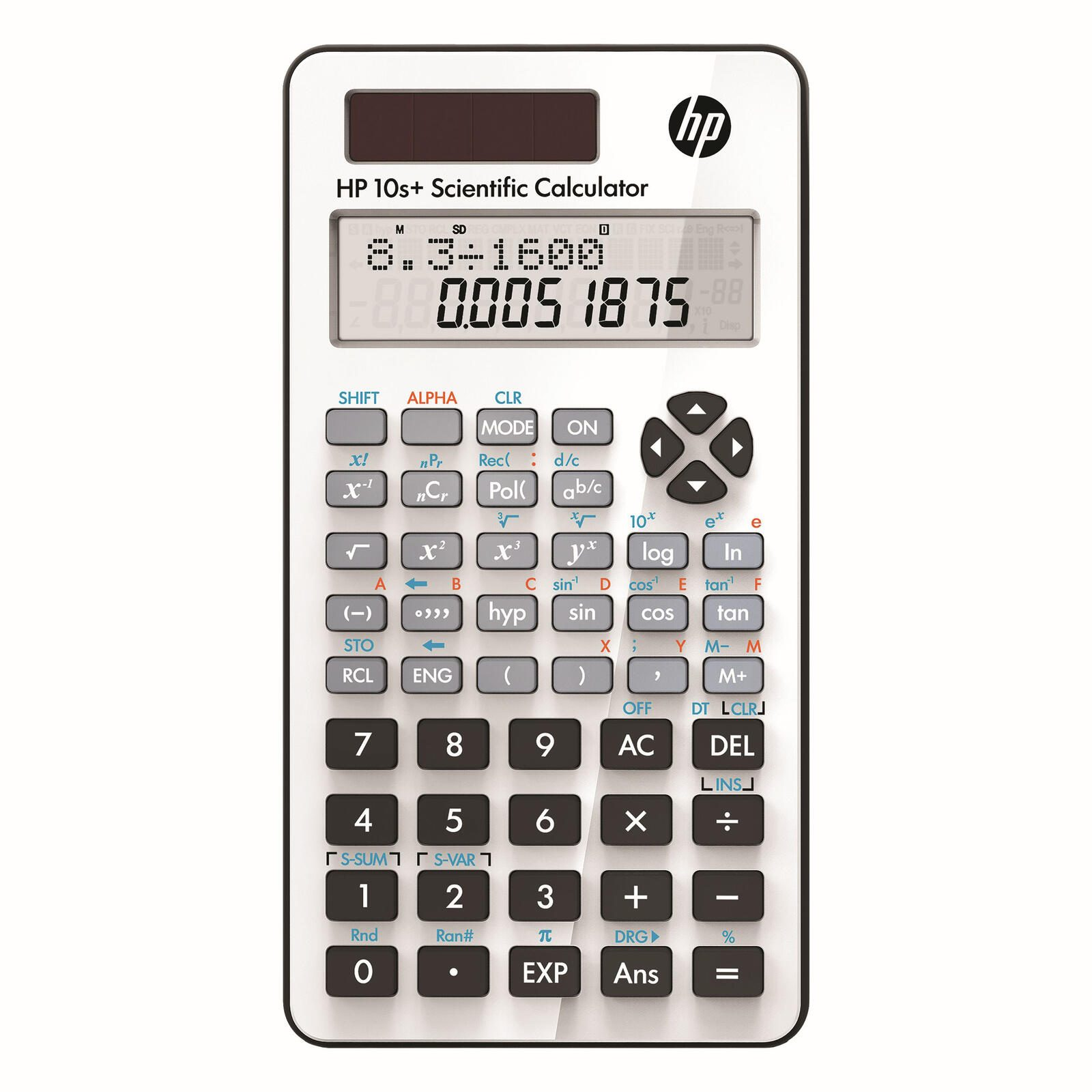 Una calcolatrice scientifica HP 10s+ bianca con tastierino numerico e schermo.