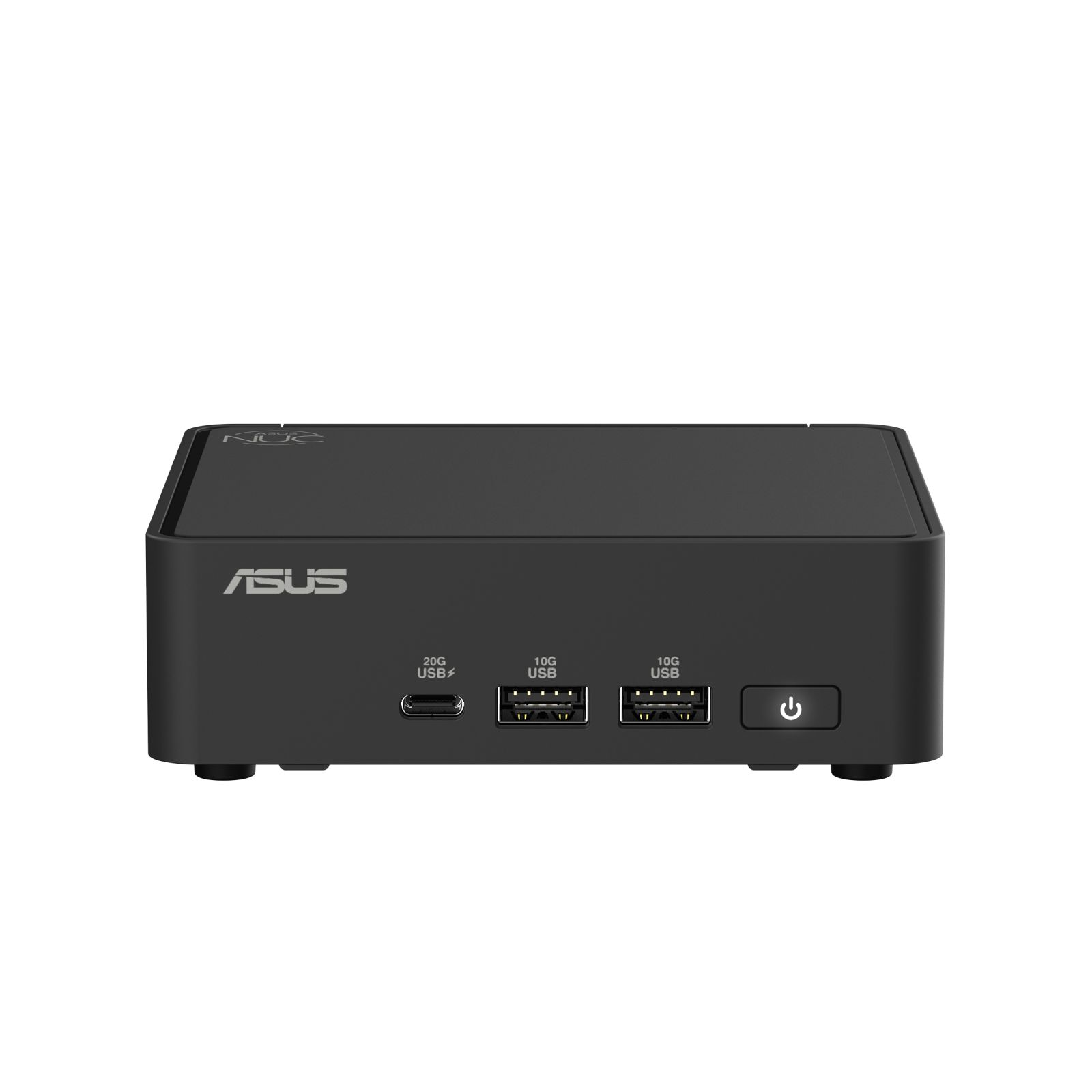 Czarny mini PC ASUS NUC, widok z przodu. Widoczne porty USB-C, 2x USB-A i przycisk zasilania.