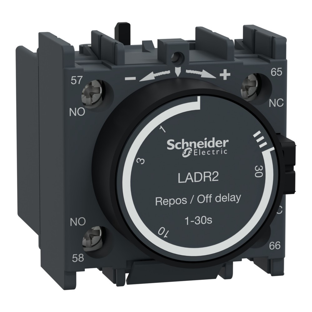 Timer di ritardo spegnimento Schneider Electric LADR2 con quadrante 1-30s, terminali numerati.