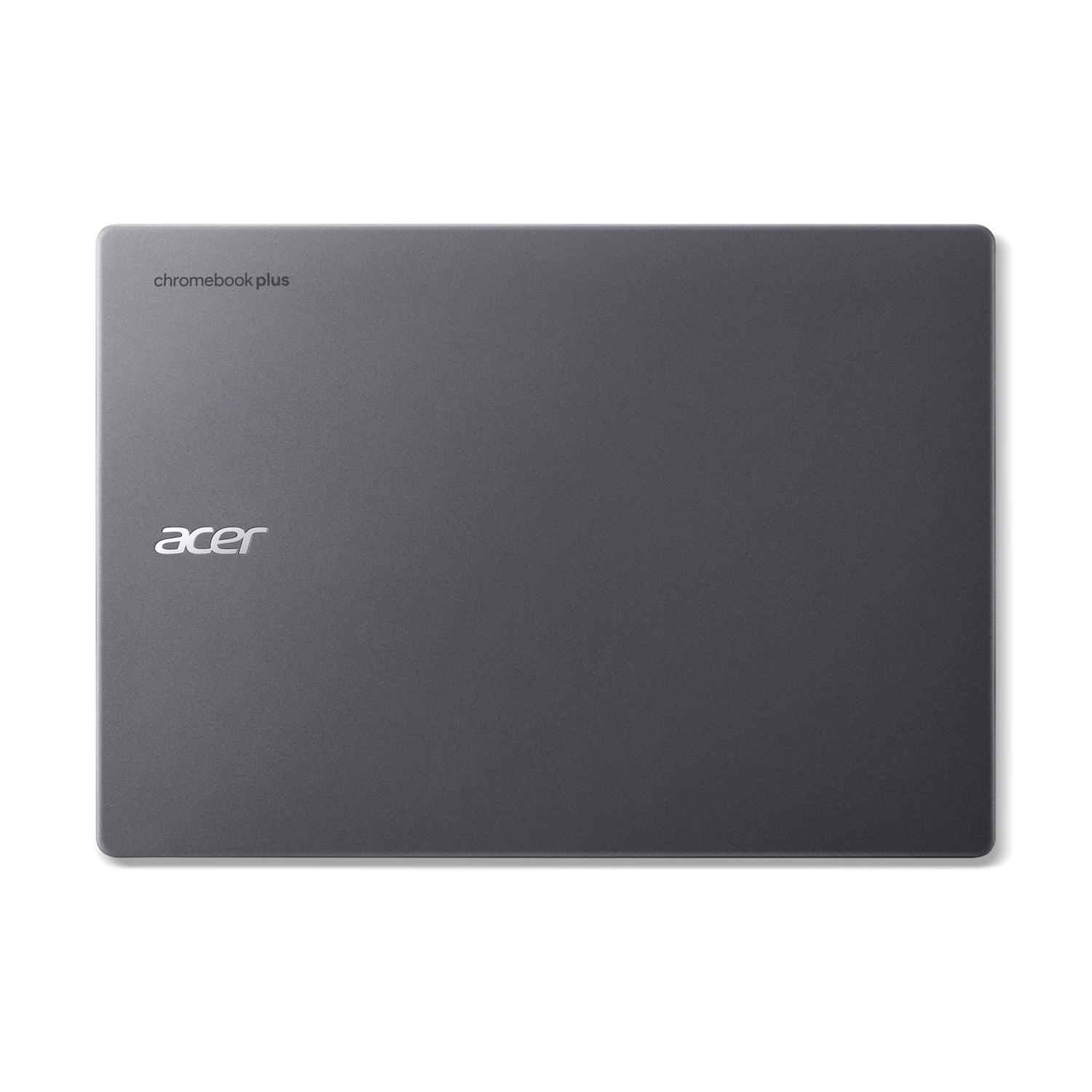 Un laptop Acer Chromebook Plus grigio scuro chiuso è mostrato dall'alto su sfondo bianco.