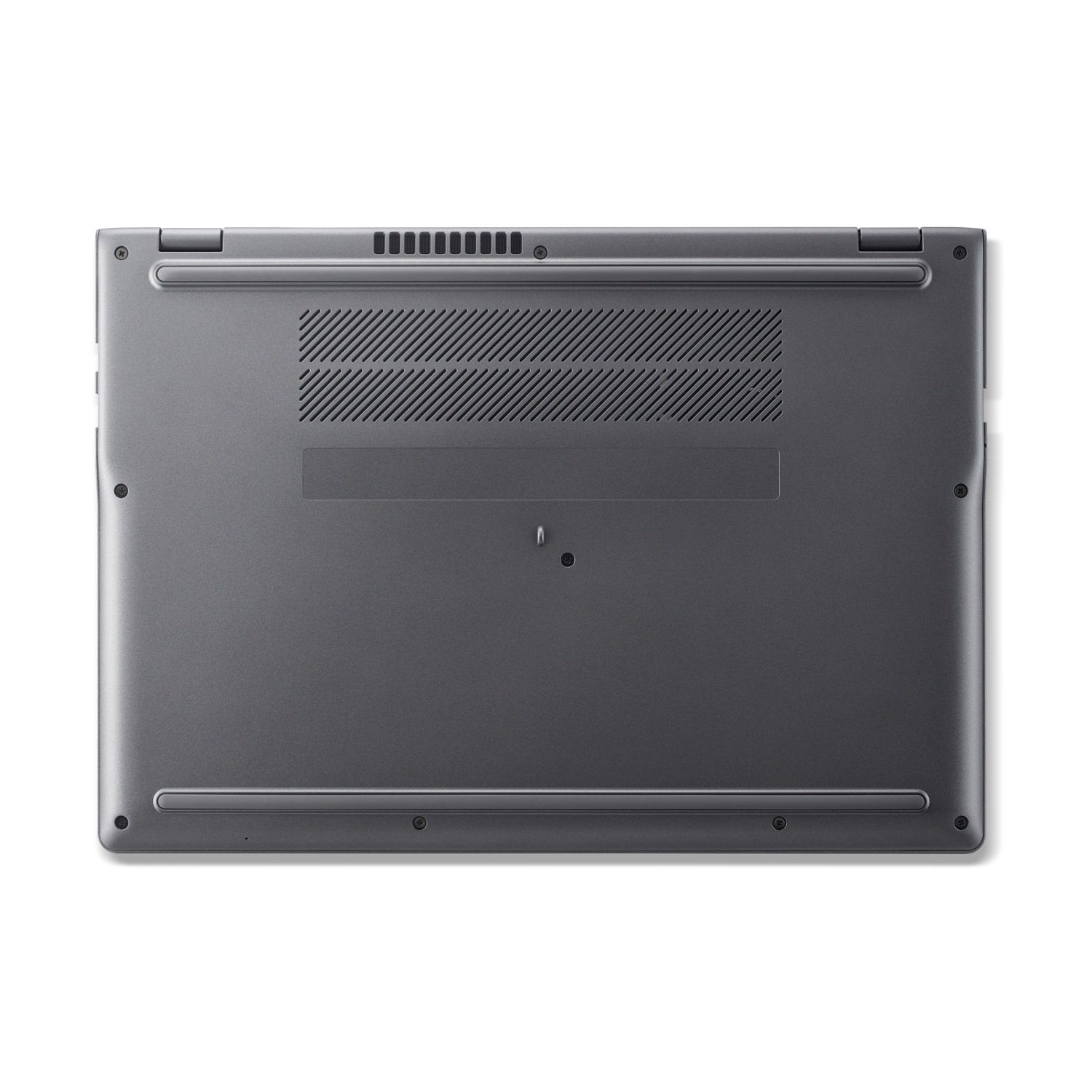 Il lato inferiore di un laptop grigio, con griglie di ventilazione e teste di viti.