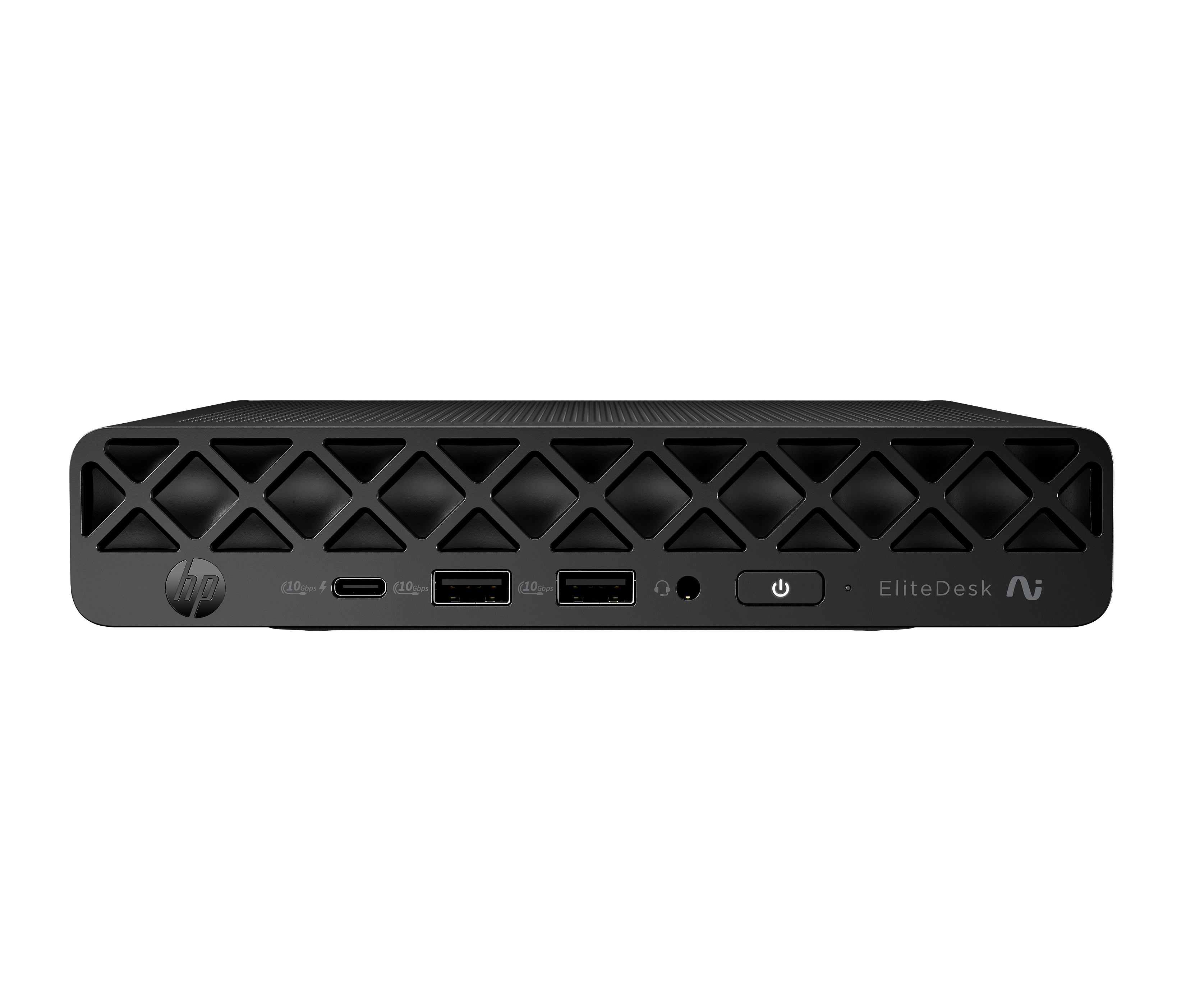 Mini PC HP EliteDesk nero con porte anteriori: USB-C, USB-A, jack cuffie, pulsante di accensione.