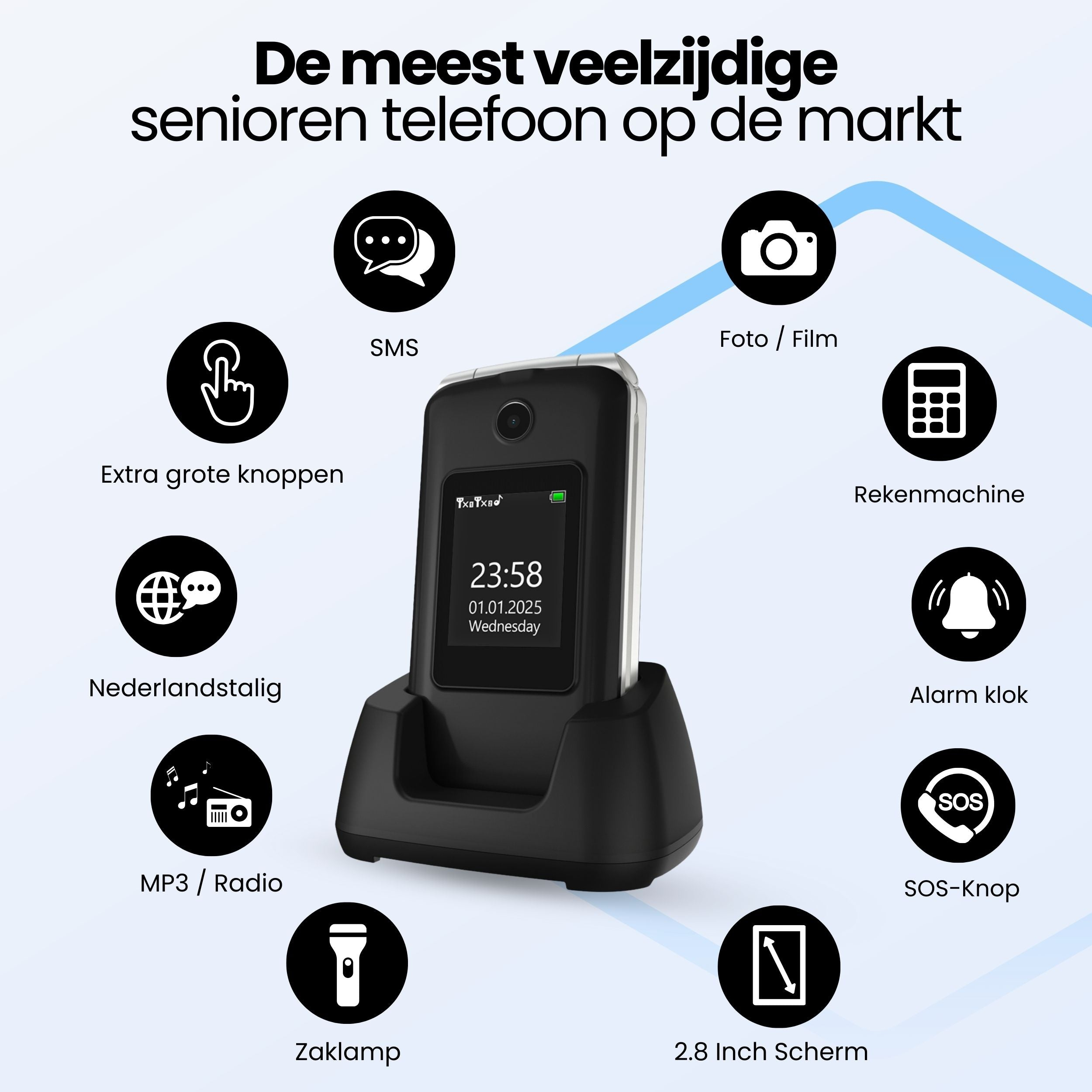 A flip phone on a charging stand, surrounded by icons representing its features.