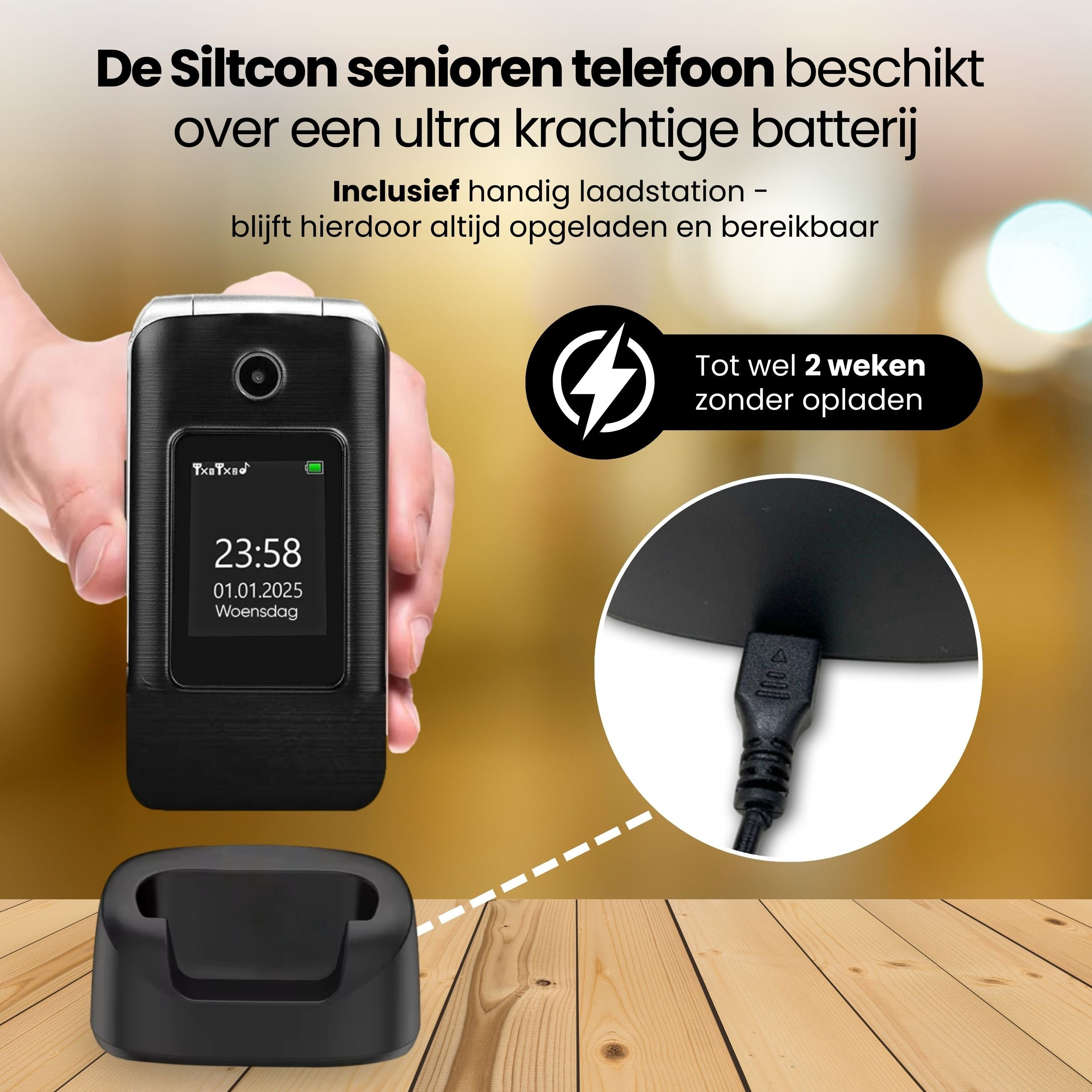 A black flip phone with a charging station and USB cable is displayed.