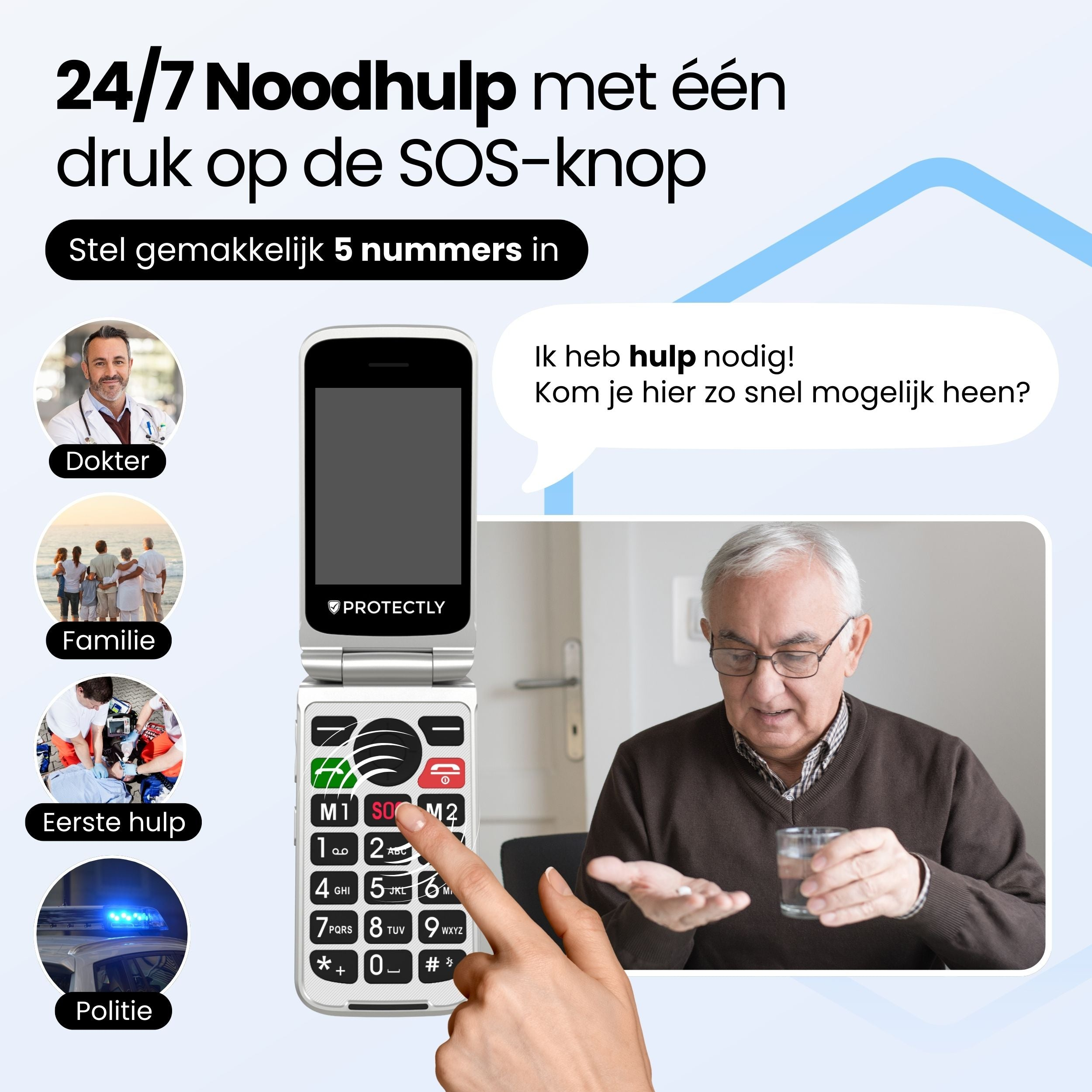 Senior phone with SOS button, doctor, family, emergency & police contacts.