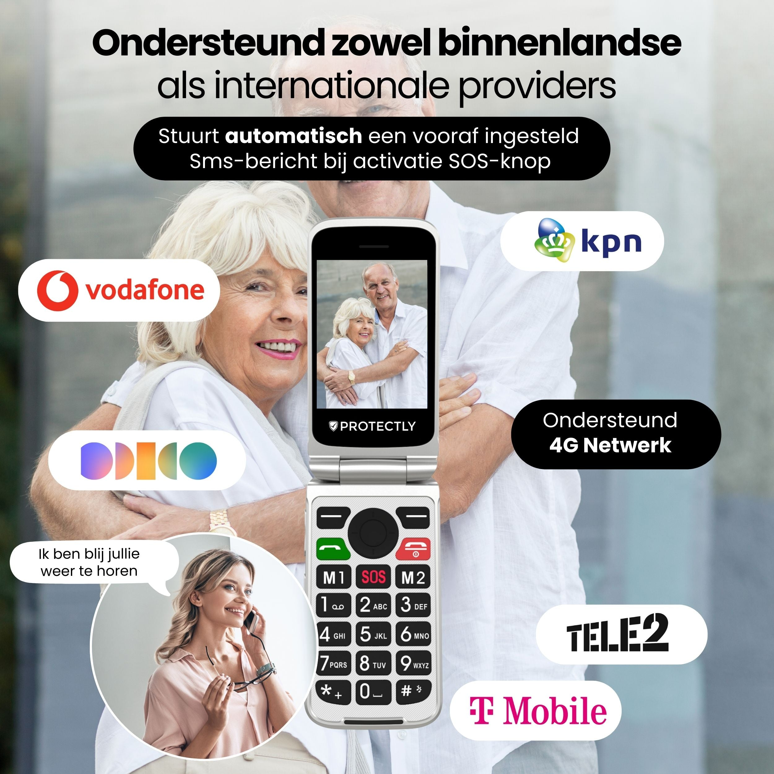 A flip phone is held by elderly people, with mobile carrier logos.