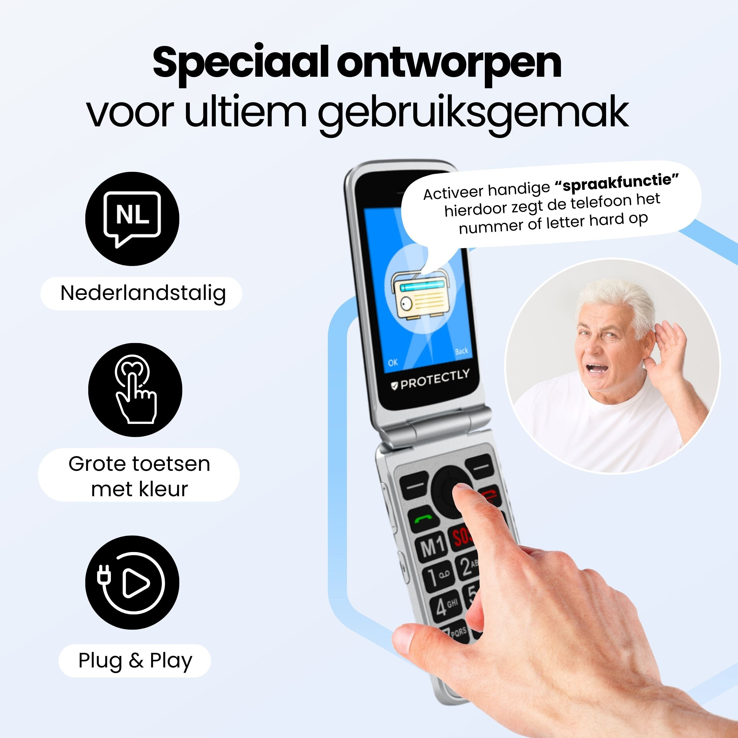 An older man holds a flip phone, advertising ease of use.