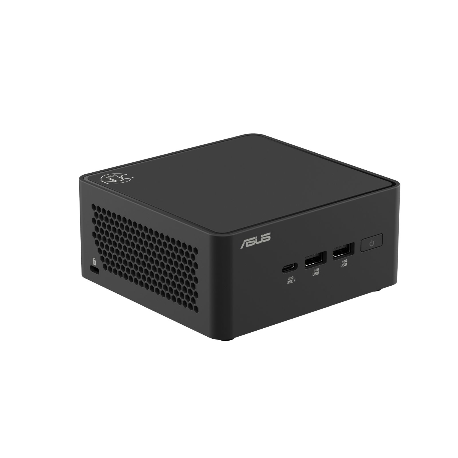 Czarny mini PC ASUS NUC z portami USB i kratką wentylacyjną.