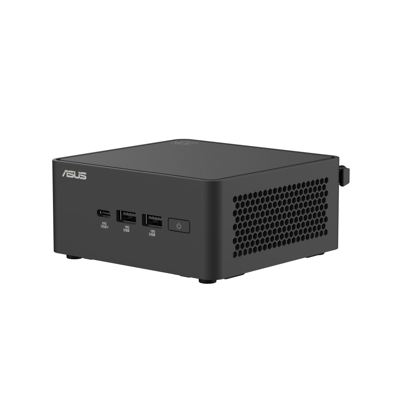 Czarny mini PC ASUS z portami USB i przyciskiem zasilania z przodu.