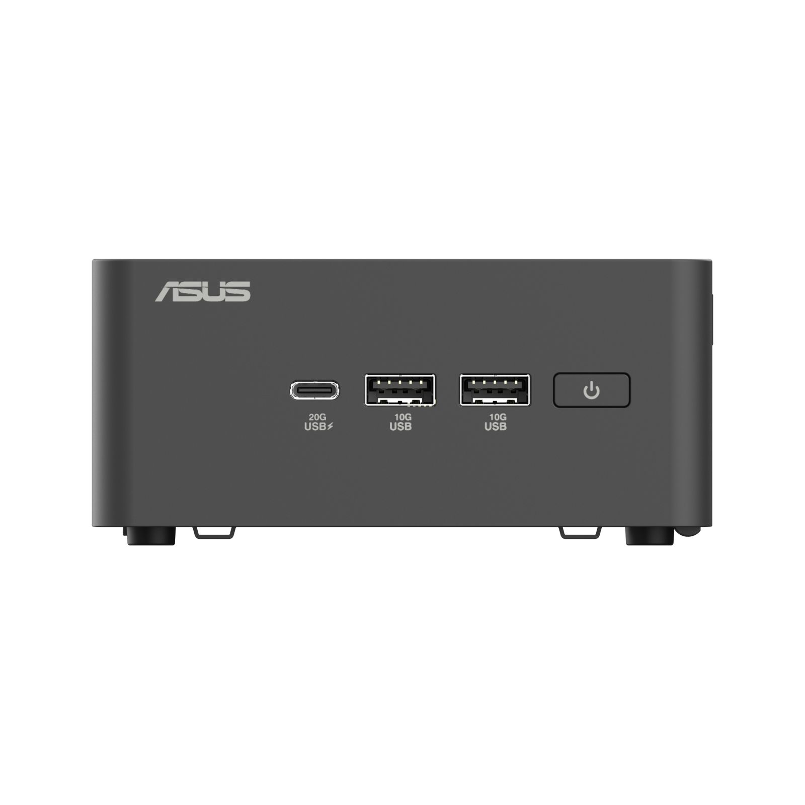 Kompaktowy szary mini PC ASUS z portami USB i przyciskiem zasilania.