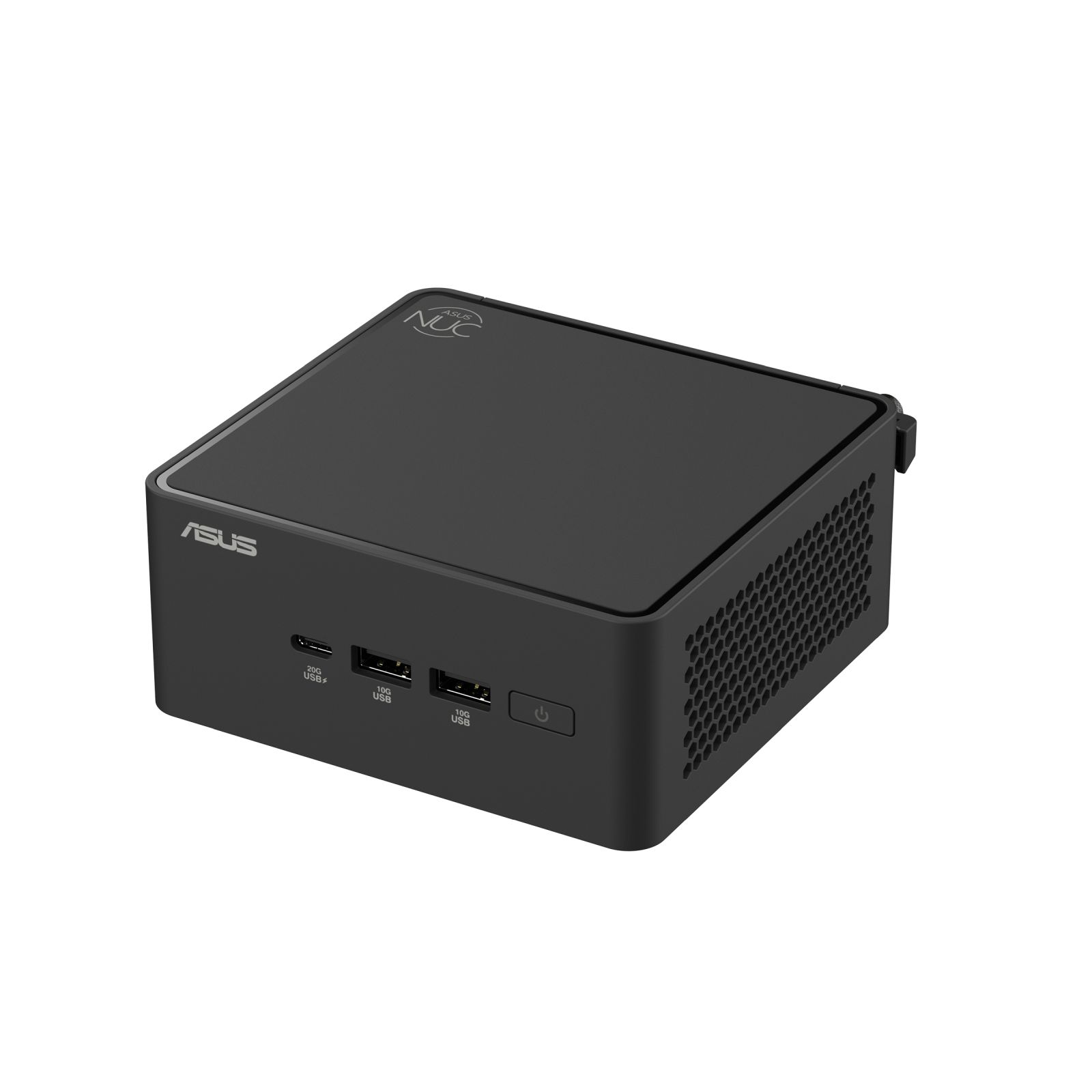 Czarny mini PC ASUS NUC z portami USB i przyciskiem zasilania z przodu.