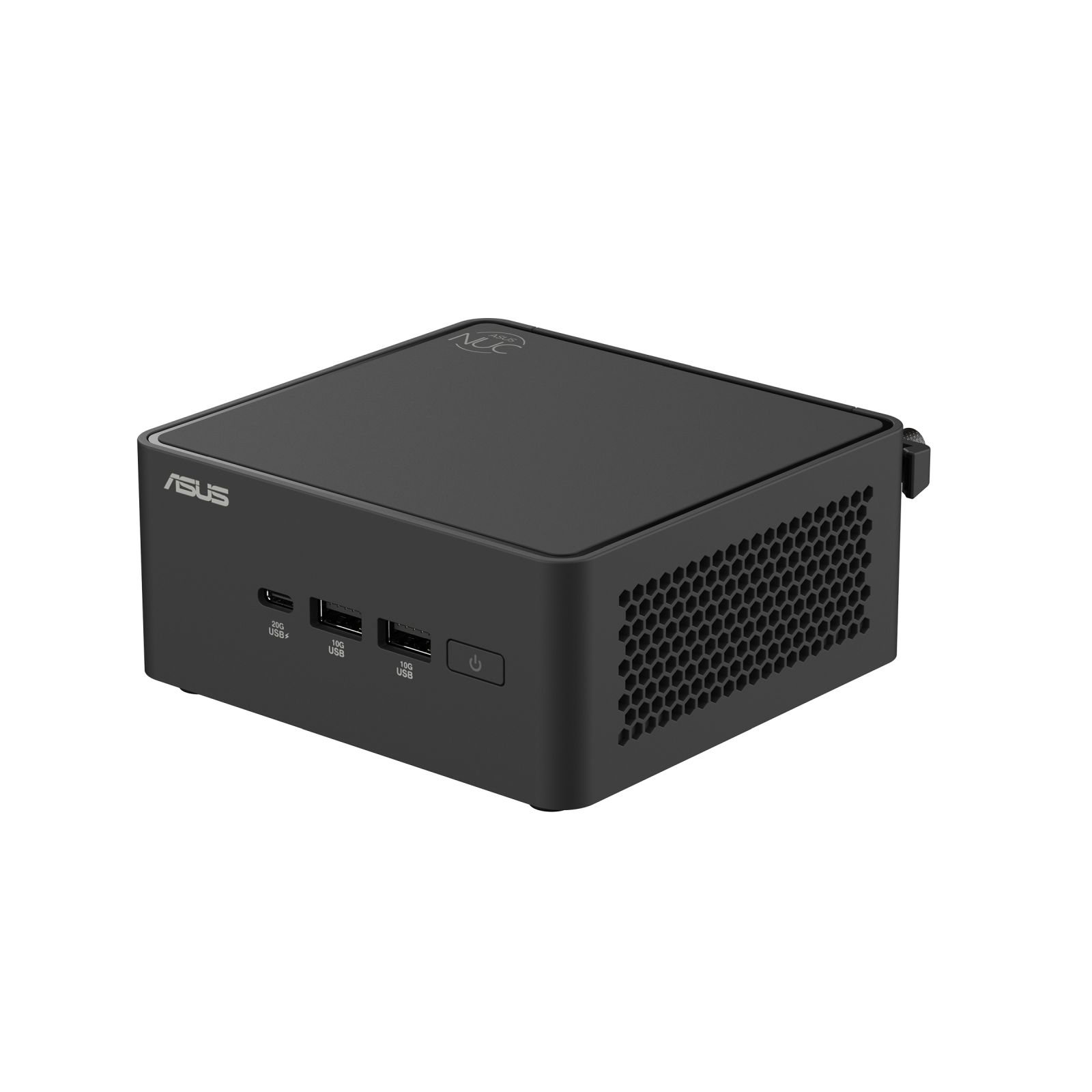 Mały czarny komputer ASUS NUC z portami USB i przyciskiem zasilania z przodu.