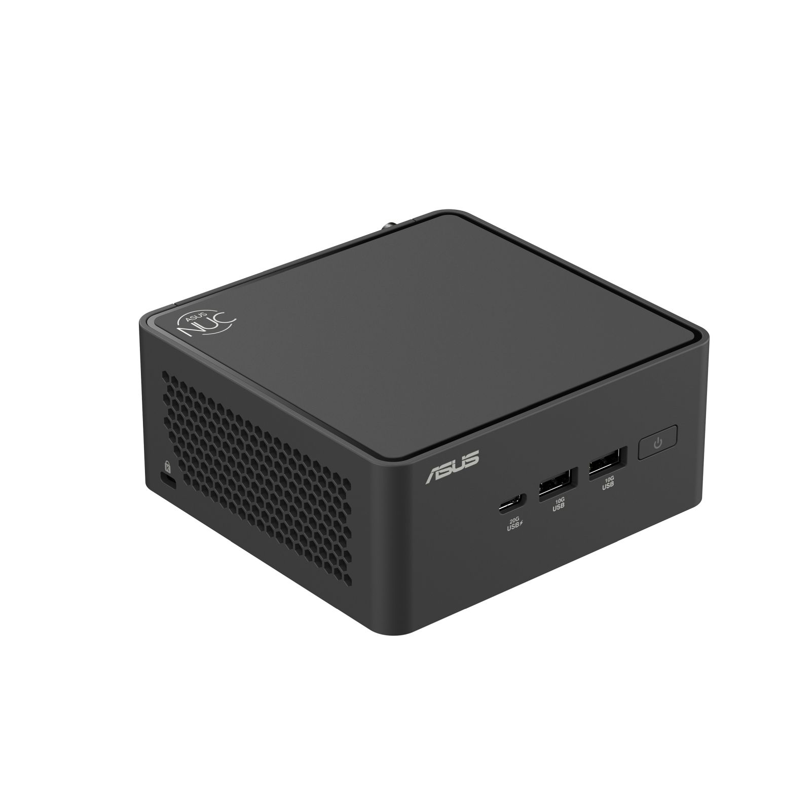 Czarny mini PC Asus NUC z portami z przodu: USB 20G, USB 10G, USB 10G i przycisk zasilania.