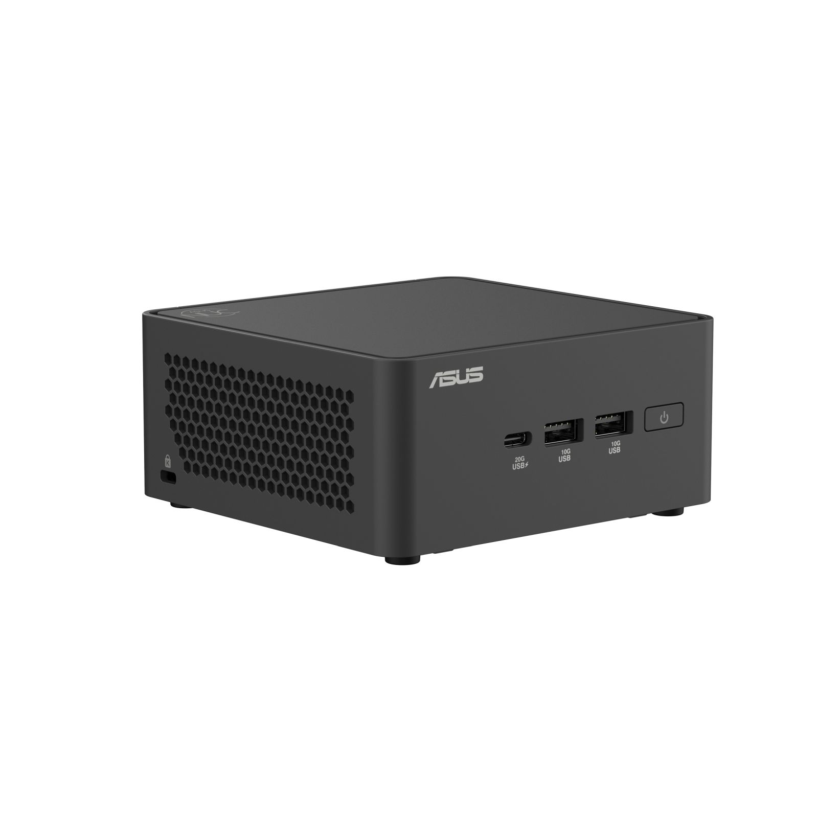 Czarny mini PC Asus z wentylacją o wzorze plastra miodu i portami USB.