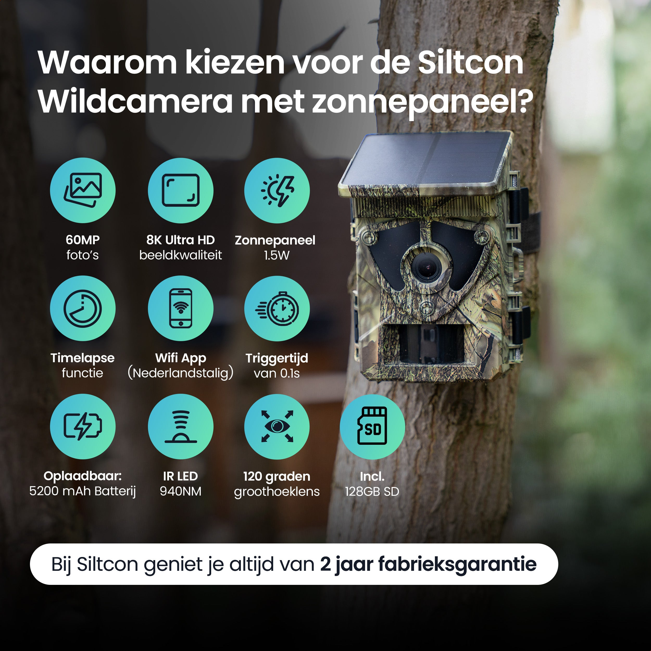 Wild camera with solar panel, 60MP, 8K, Timelapse, WiFi, 0.1s trigger, 5200mAh, IR LED, wide-angle.