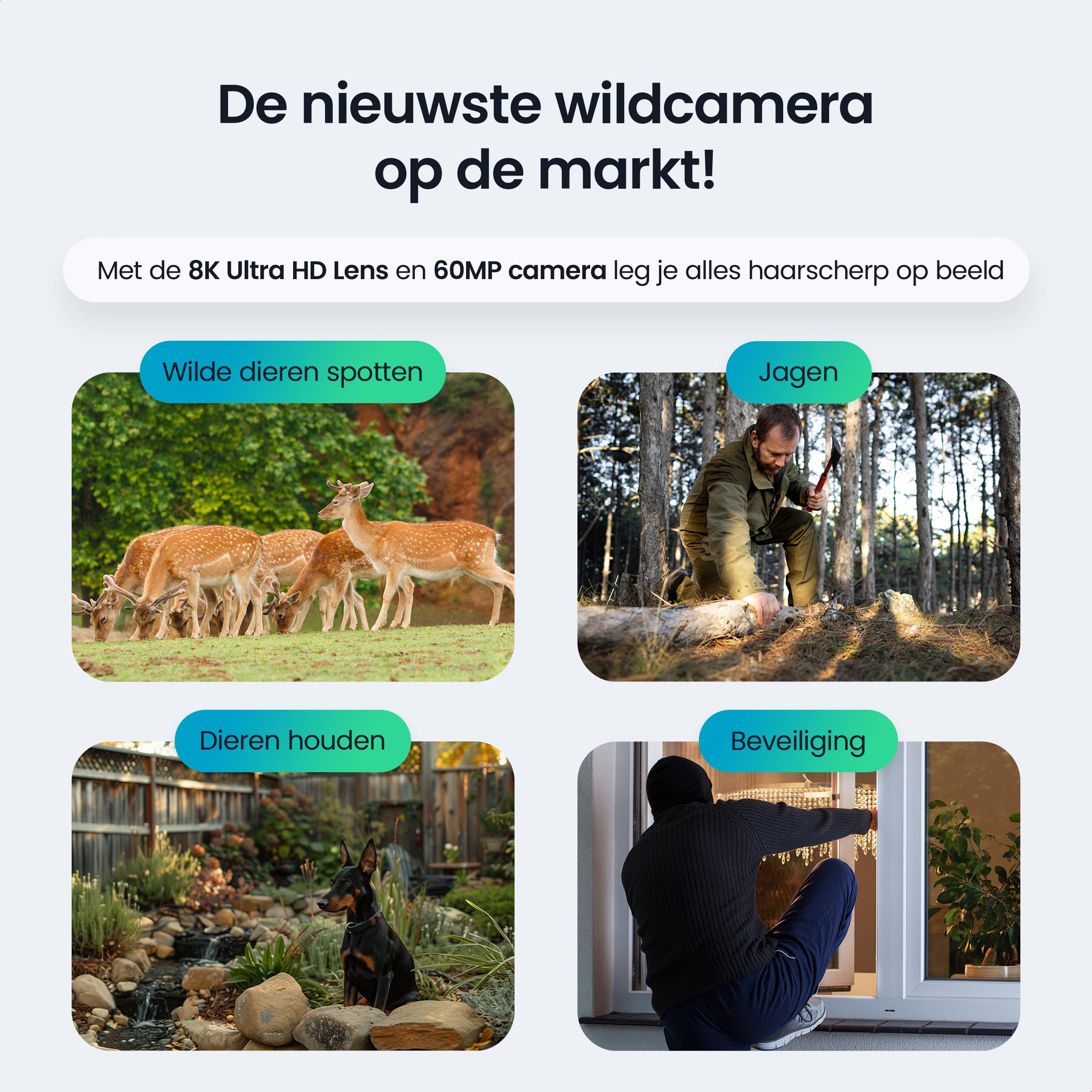 Deer in a field, a hunter in woods, a dog in a garden, and a burglar at a window.