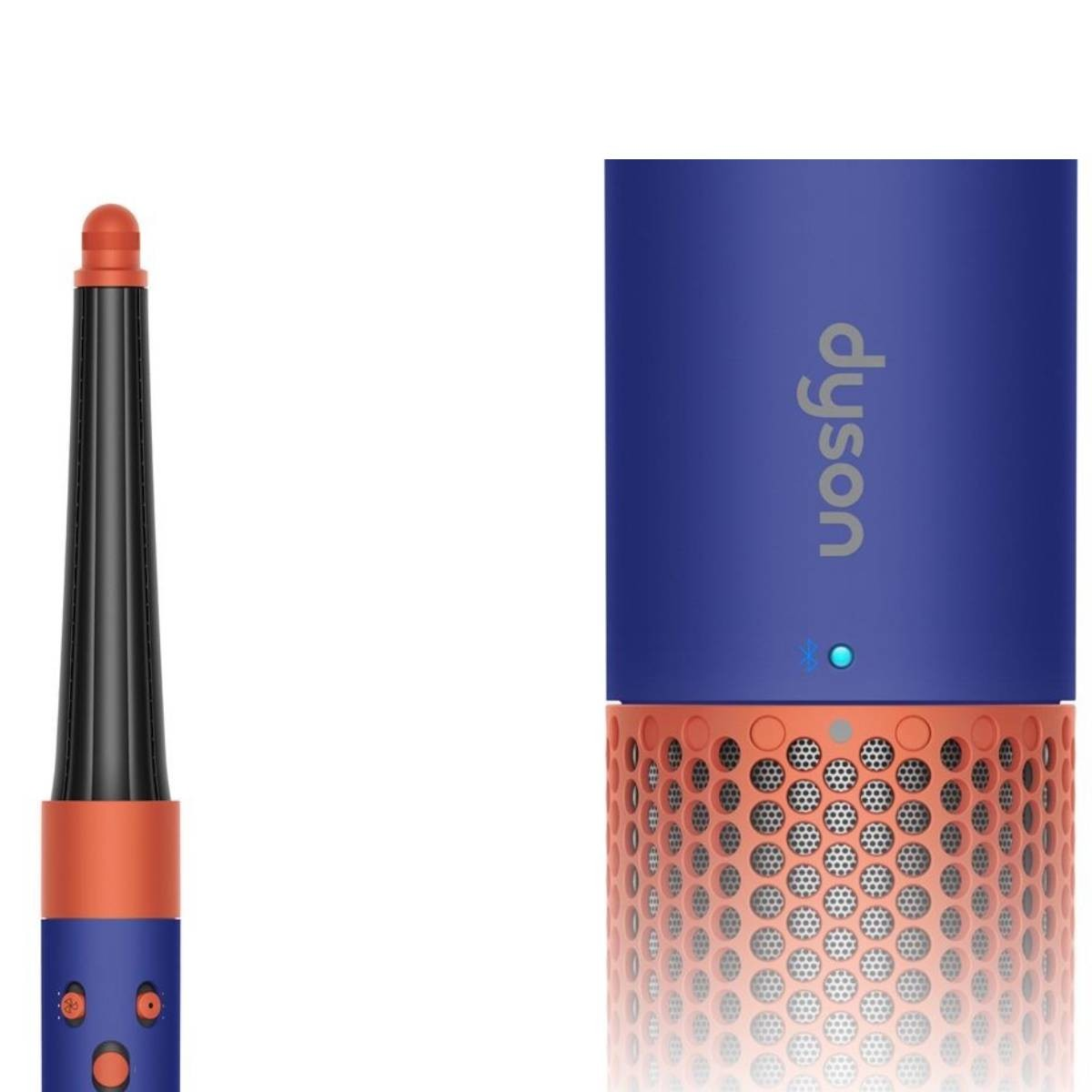 Mostrato uno strumento per capelli Dyson blu con accenti arancioni e corpo nero.