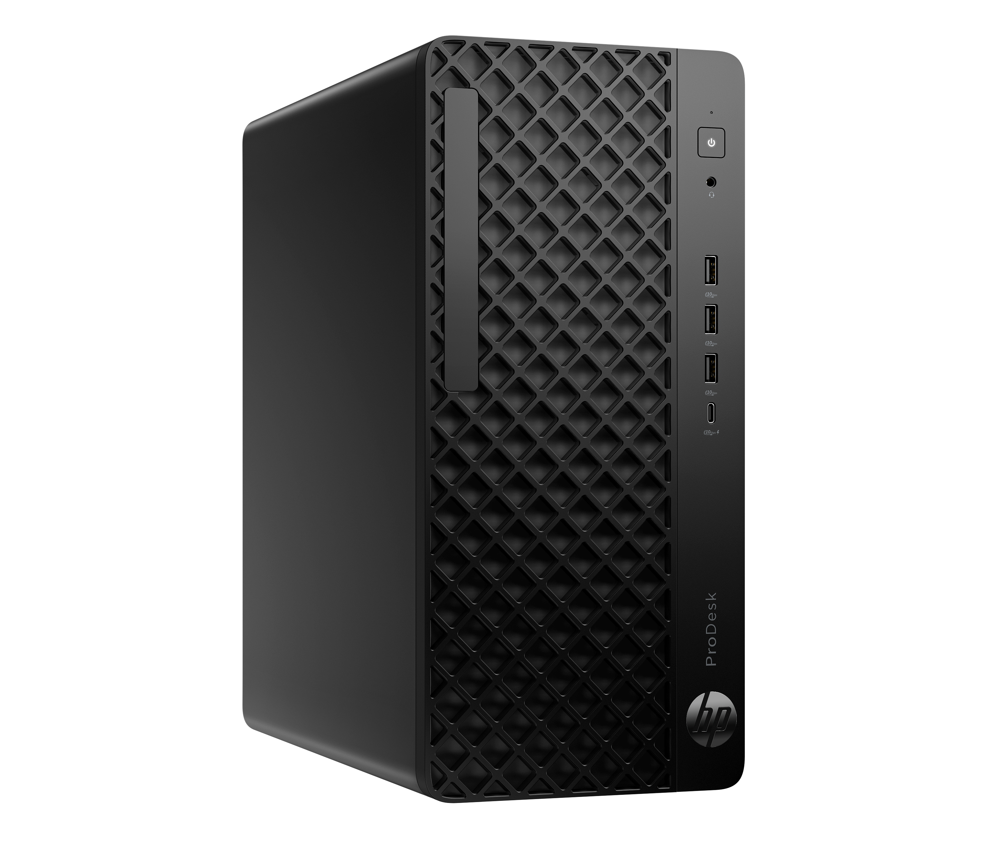 Computer HP ProDesk nero su sfondo bianco con porte USB e pulsante di accensione.