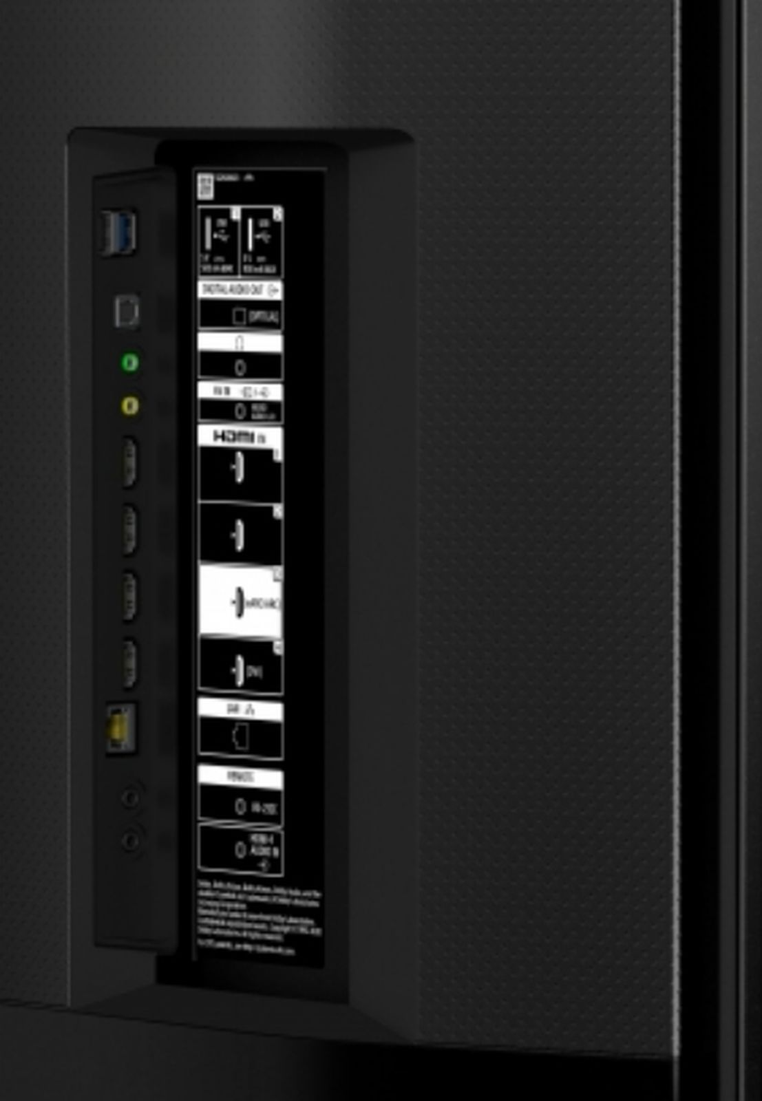 Tylny panel czarnego telewizora pokazujący porty: USB, HDMI, optyczny i inne.