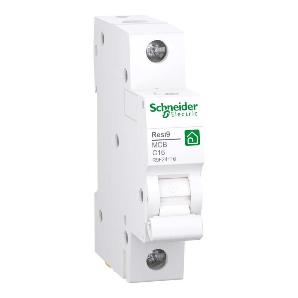 Interruttore automatico Schneider Electric Resi9 MCB C16 bianco con interruttore a levetta.