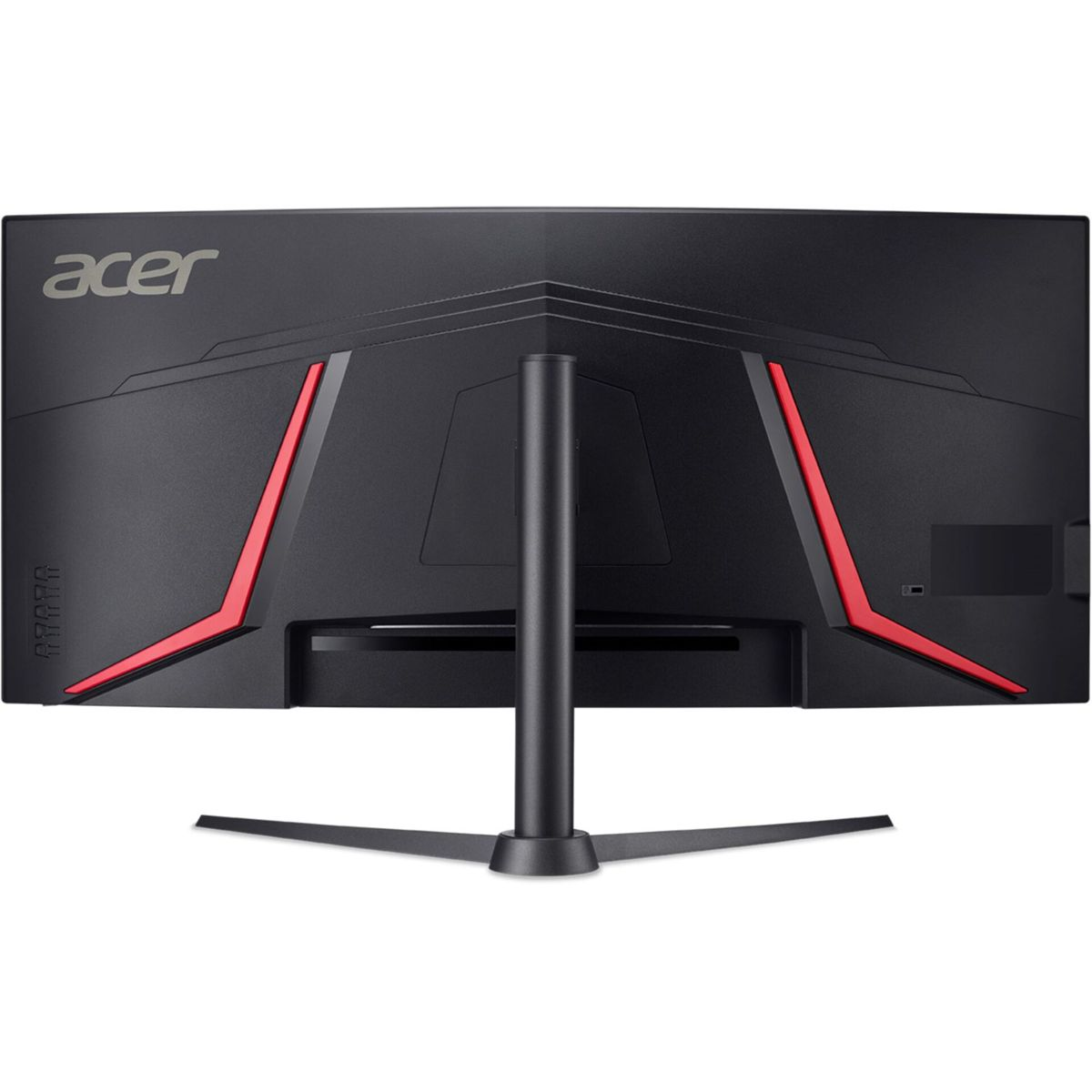 Tył czarnego monitora gamingowego Acer z czerwonymi akcentami i czarnym stojakiem.