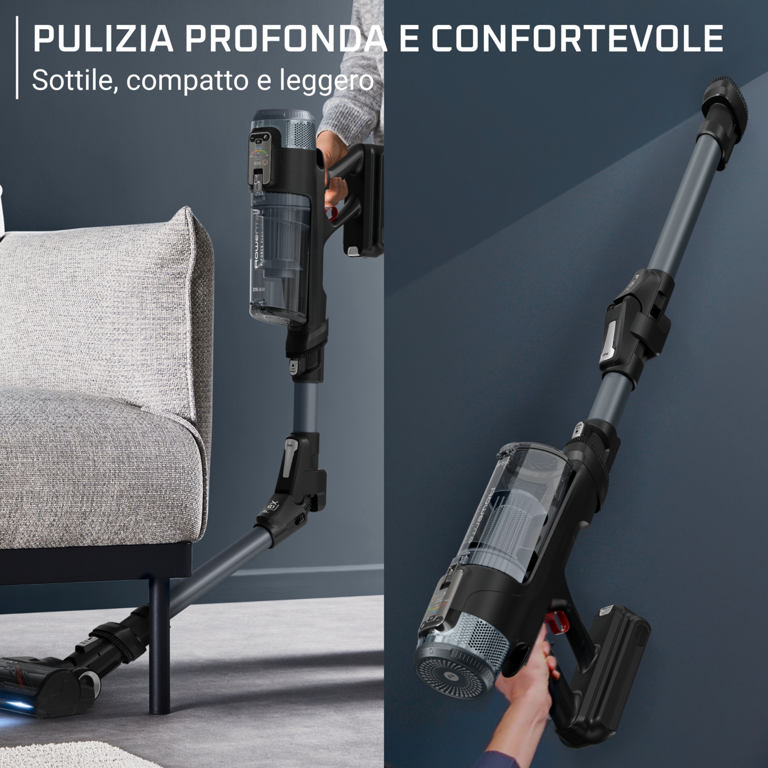 Se muestra un aspirador inalámbrico negro junto a un sofá gris.