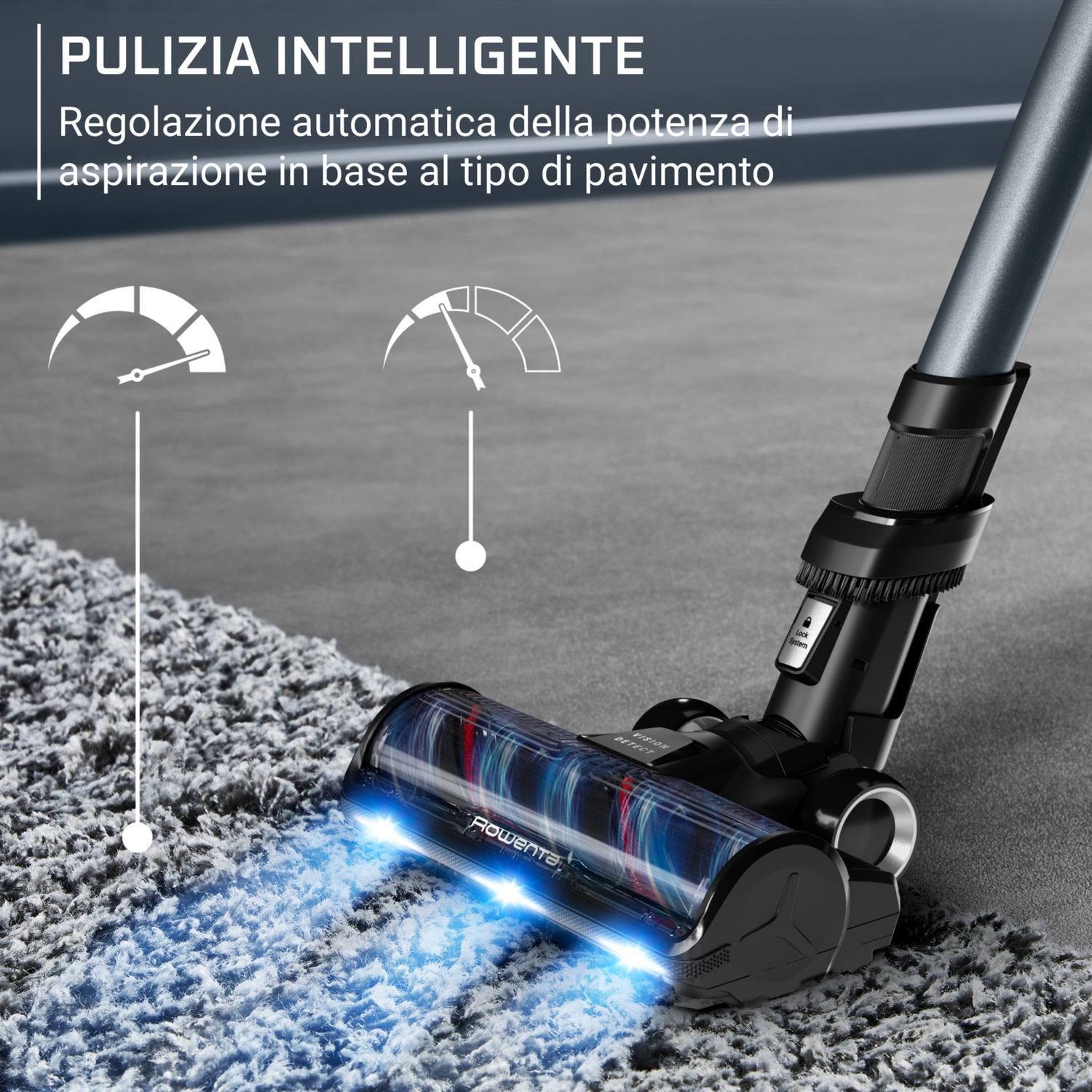 Un cabezal de aspiradora con luces azules sobre una alfombra, mostrando ajuste automático de potencia.